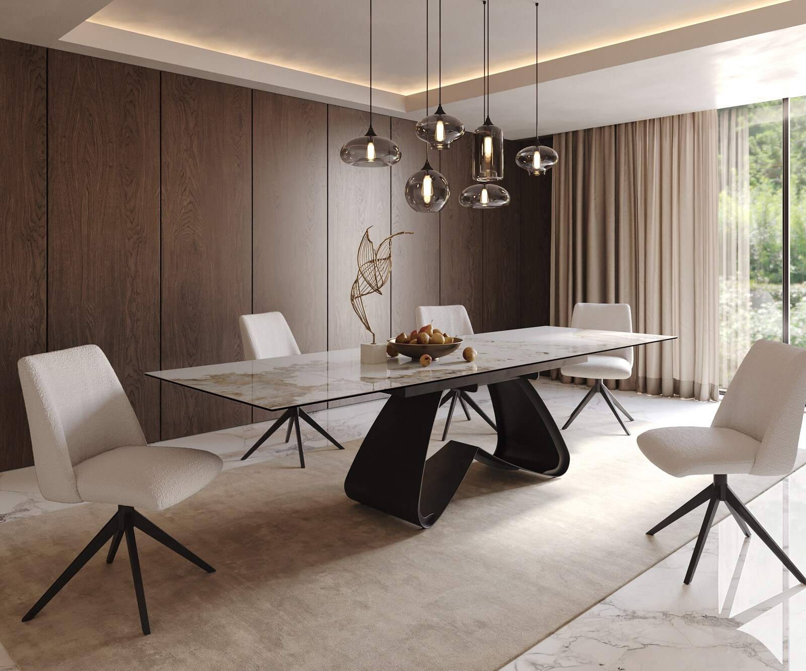 Esstisch Edge 200-300x100 Keramik Minas Melange Weiß-Beige W-Gestell Schwarz ausziehbar 8