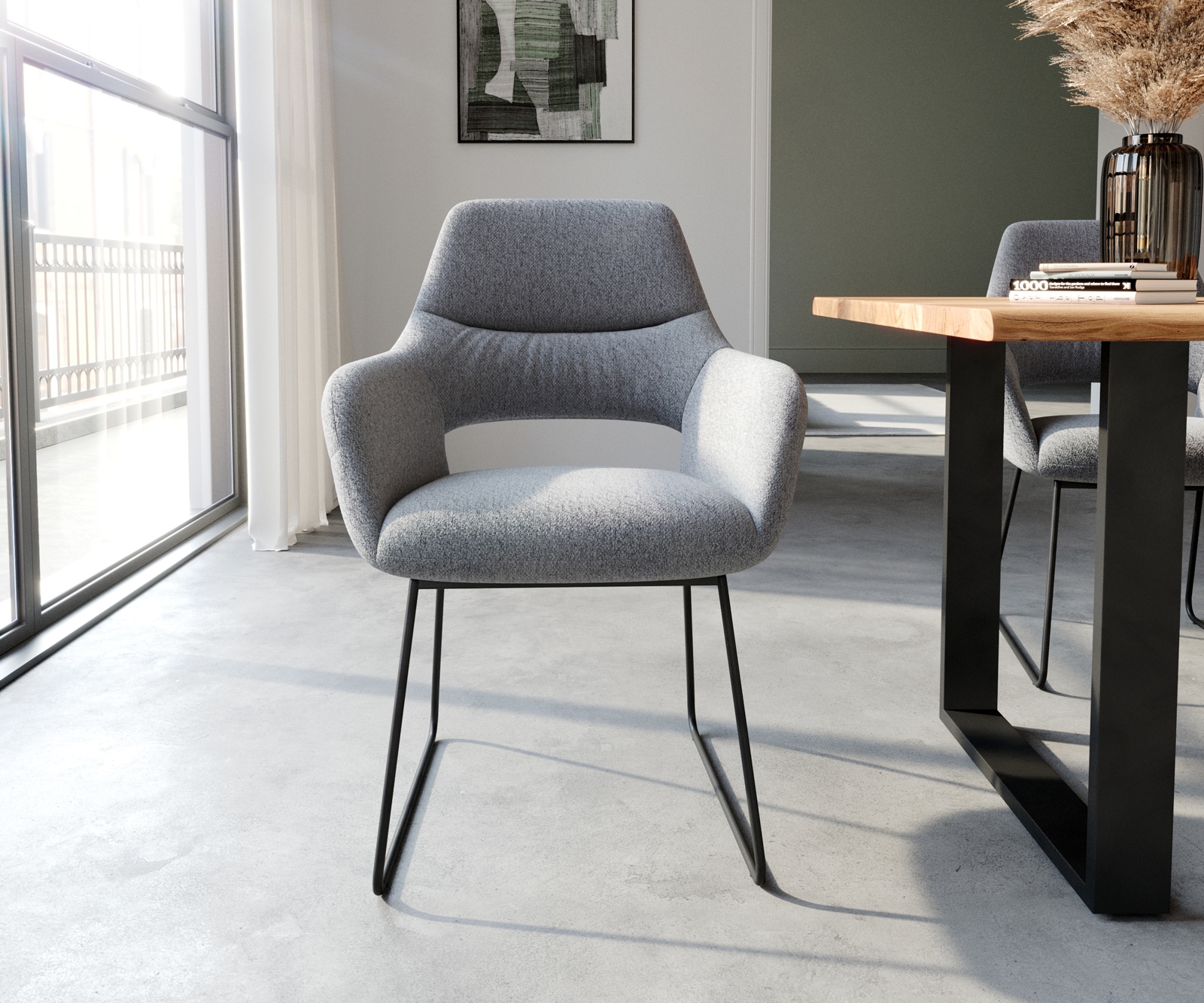 Esszimmerstuhl Yago-Flex mit Armlehnen Strukturstoff Hellgrau Kufengestell Schwarz Taschenfederkern 1 Esszimmerstuhl Yago-Flex mit Armlehnen Strukturstoff Hellgrau Kufengestell Schwarz Taschenfederkern 1