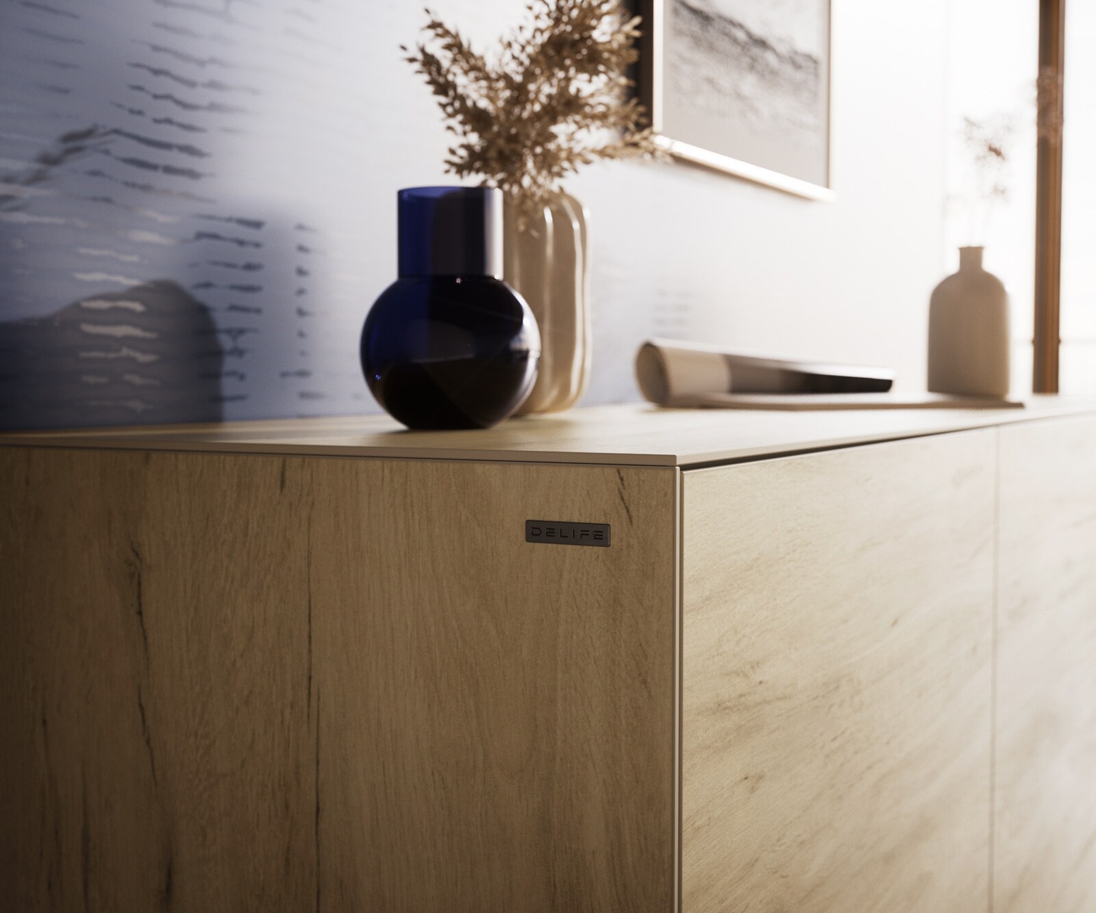 Sideboard Cuor 150 cm Keramik Laminam® Sabbia Eichefarbig 3 Türen Fuß Schwebeoptik Metall Schwarz 7