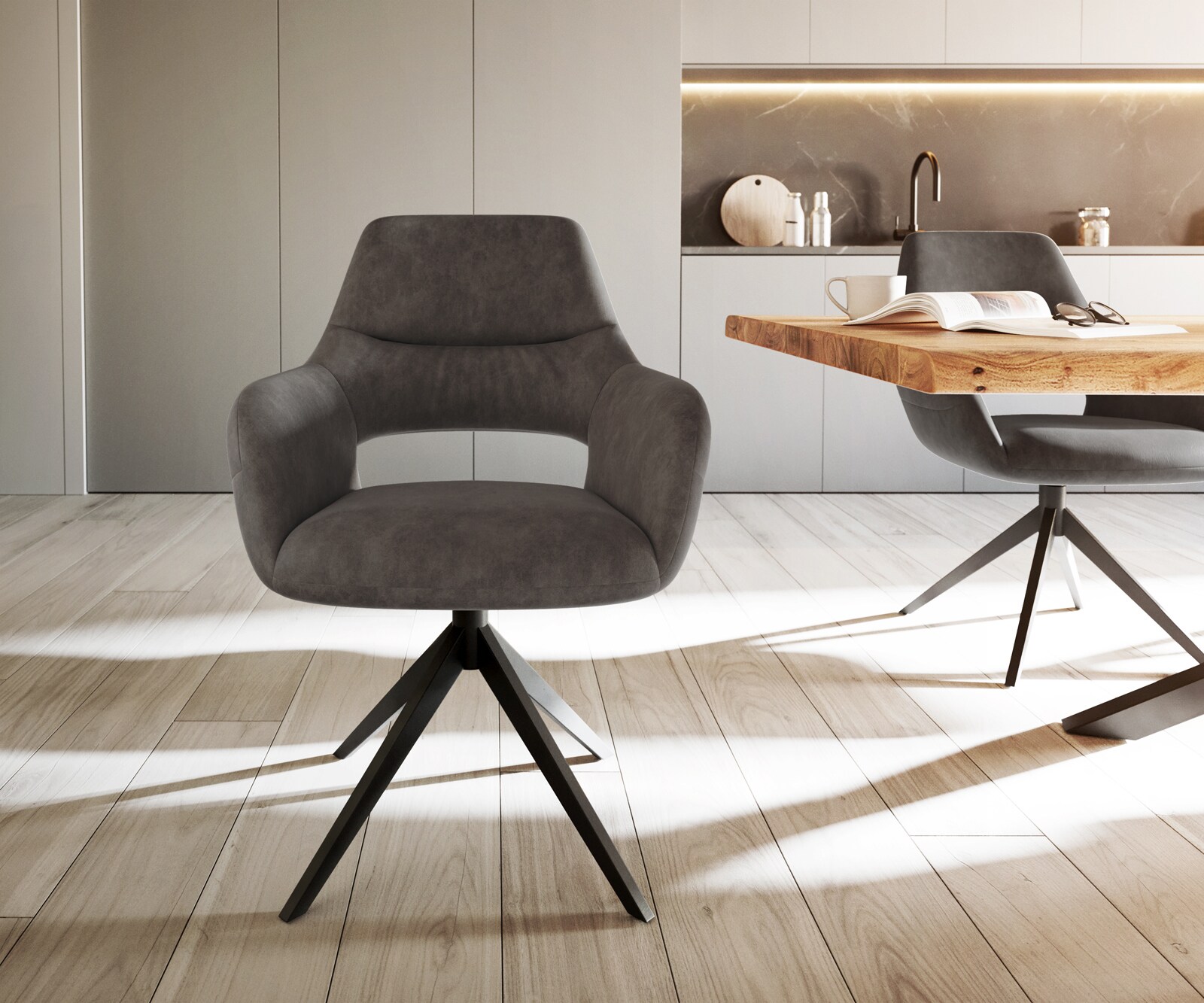 Esszimmerstuhl Yago-Flex mit Armlehnen Mikrofaser Anthrazit Vintage Kreuzgestell breit schwarz Taschenfederkern 1 Esszimmerstuhl Yago-Flex mit Armlehnen Mikrofaser Anthrazit Vintage Kreuzgestell breit schwarz Taschenfederkern 1