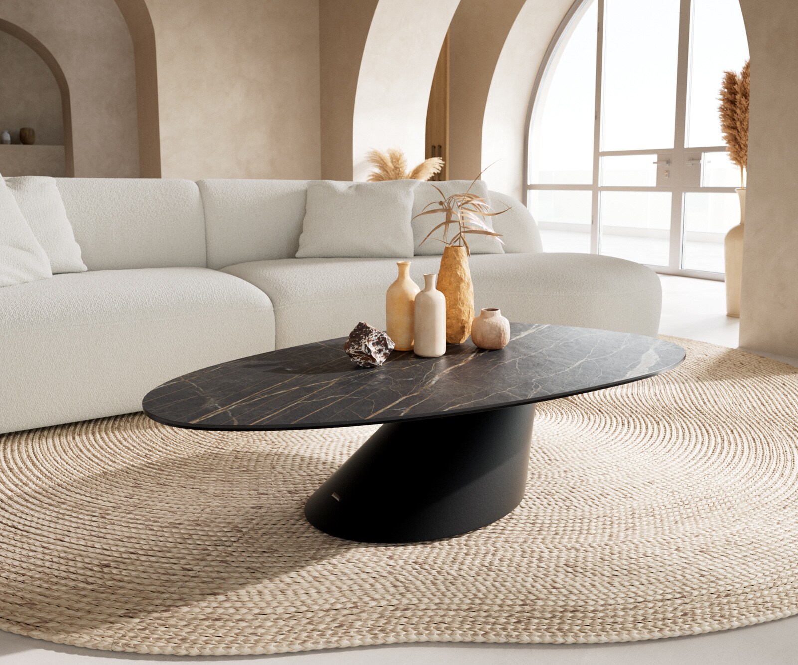 Couchtisch Edge Oval 140x75 cm Keramik Laminam® Noir Desir Braun Conis Metall Schwarz