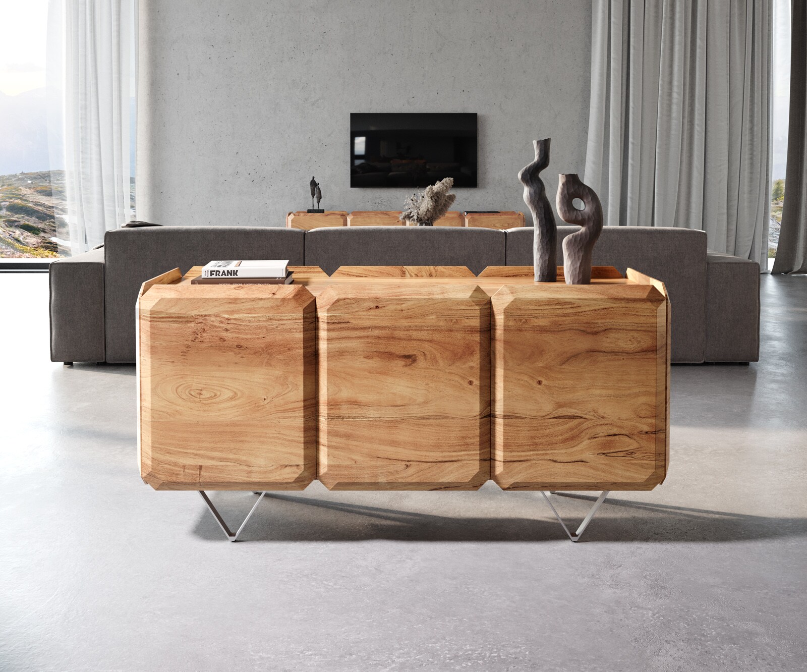 Sideboard Kiano 145 cm Akazie Natur 3 Türen V-Fuß Edelstahl Raumteiler 1 Sideboard Kiano 145 cm Akazie Natur 3 Türen V-Fuß Edelstahl Raumteiler 1