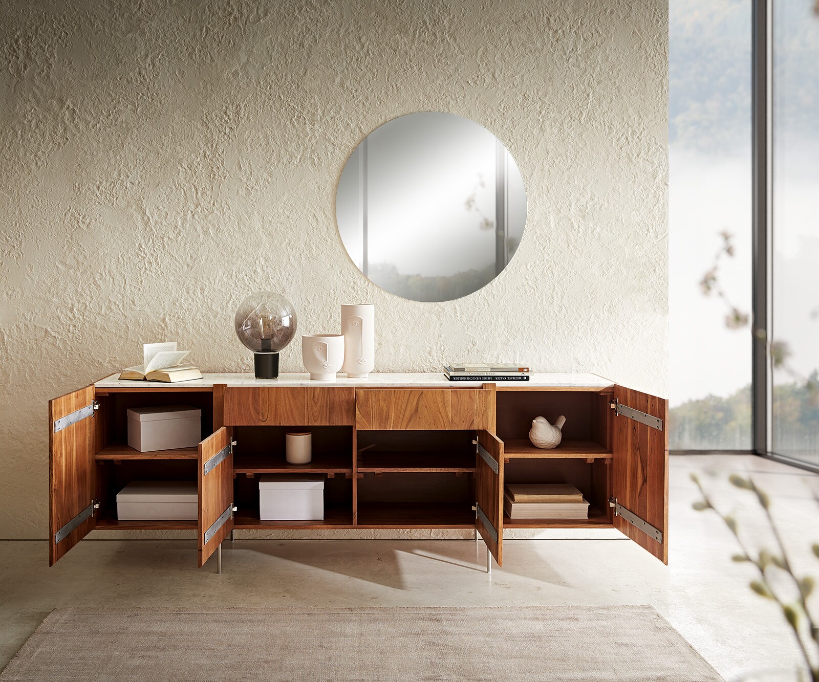 Buffet Secara 200 cm acacia naturel 4 portes 2 tiroirs marbre pieds inoxydable 4