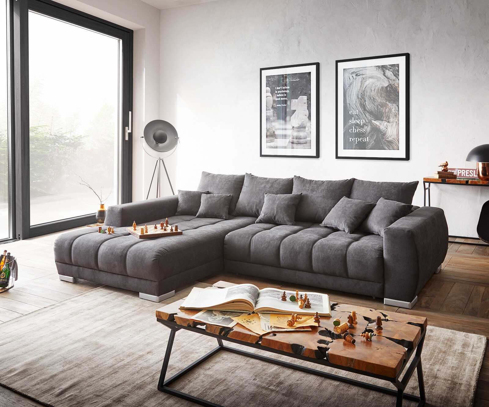 Canapé-panoramique Nabor 300x230 cm microfibre noir pouf à gauche incl. fonction d'extension électrique 1