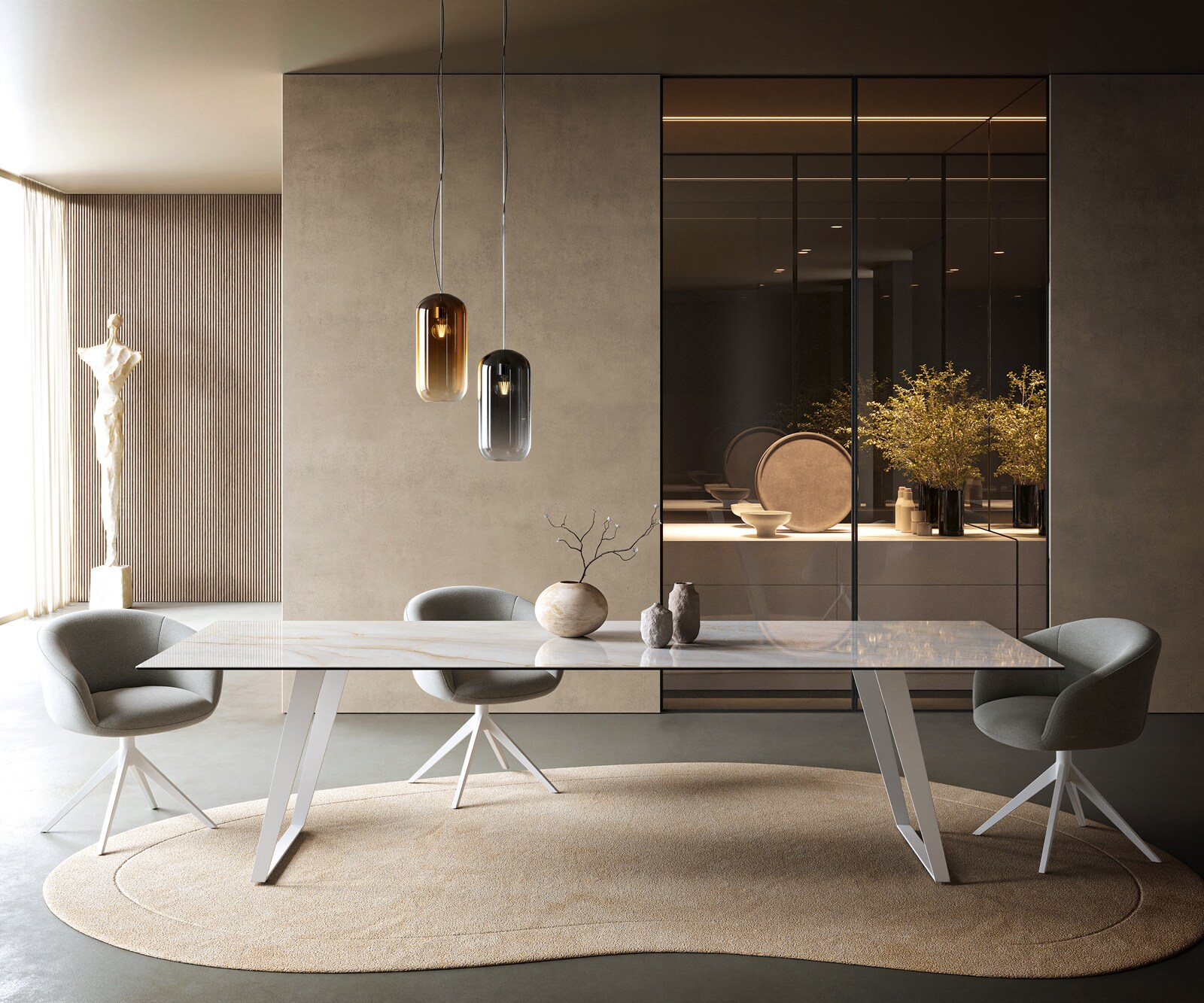 Table à manger Edge 300x100 cm céramique Onyx Pearl piètement incliné métal blanc 1