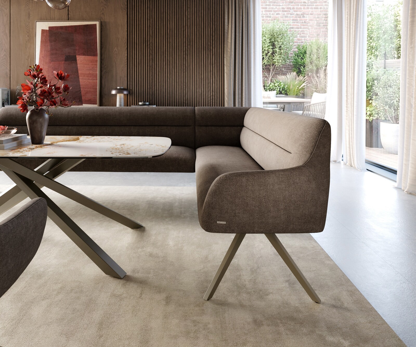 Banc-de-salle-à-manger Taya-Flex 285x190 cm tissu structuré doux taupe pied croisé angulaire titane ressort ensaché liens 4