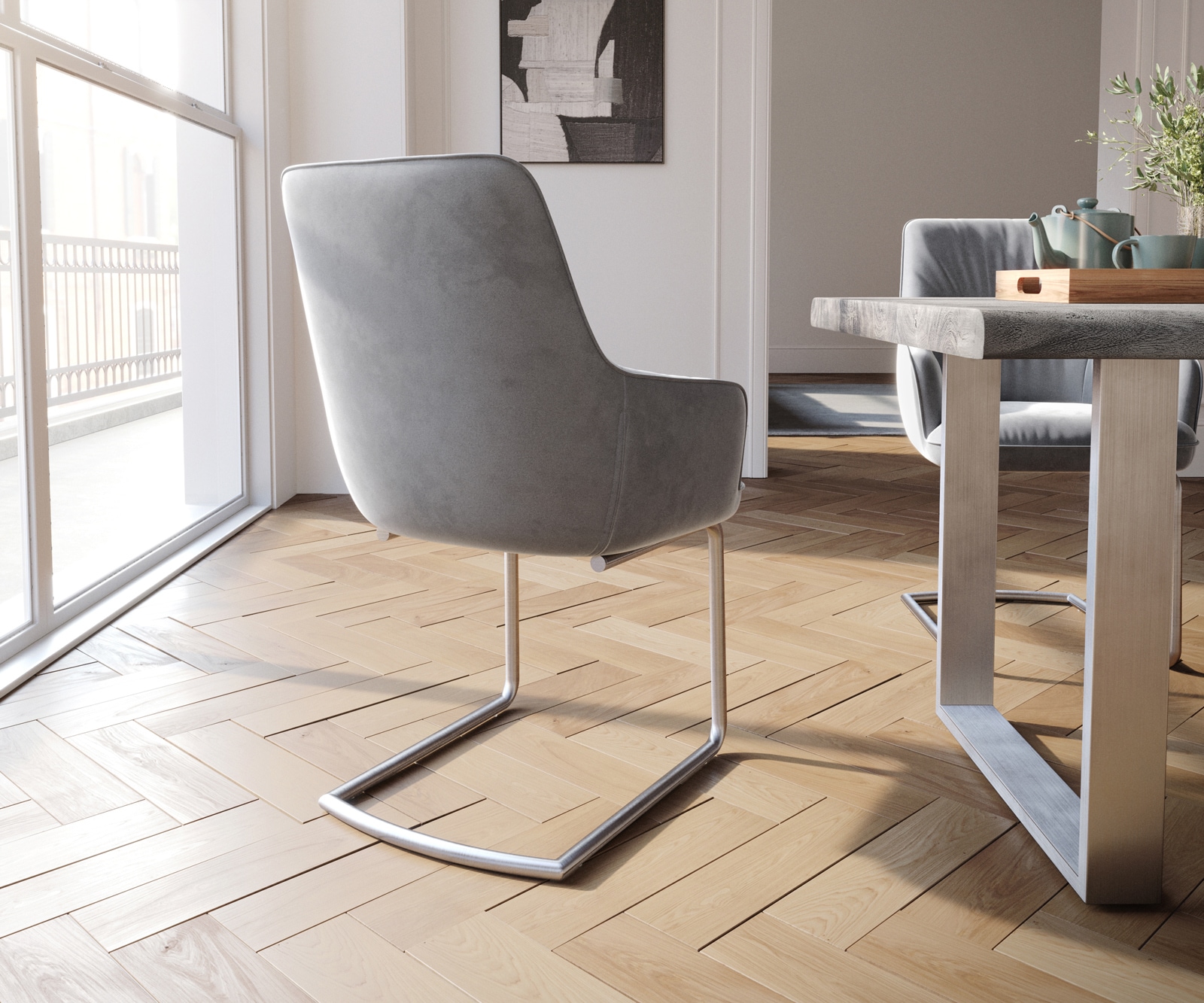 Cantilever Zelia-Flex avec accoudoirs velours gris pied cantilever rond acier inoxydable brossé ressorts ensachés 4 Cantilever Zelia-Flex avec accoudoirs velours gris pied cantilever rond acier inoxydable brossé ressorts ensachés 4