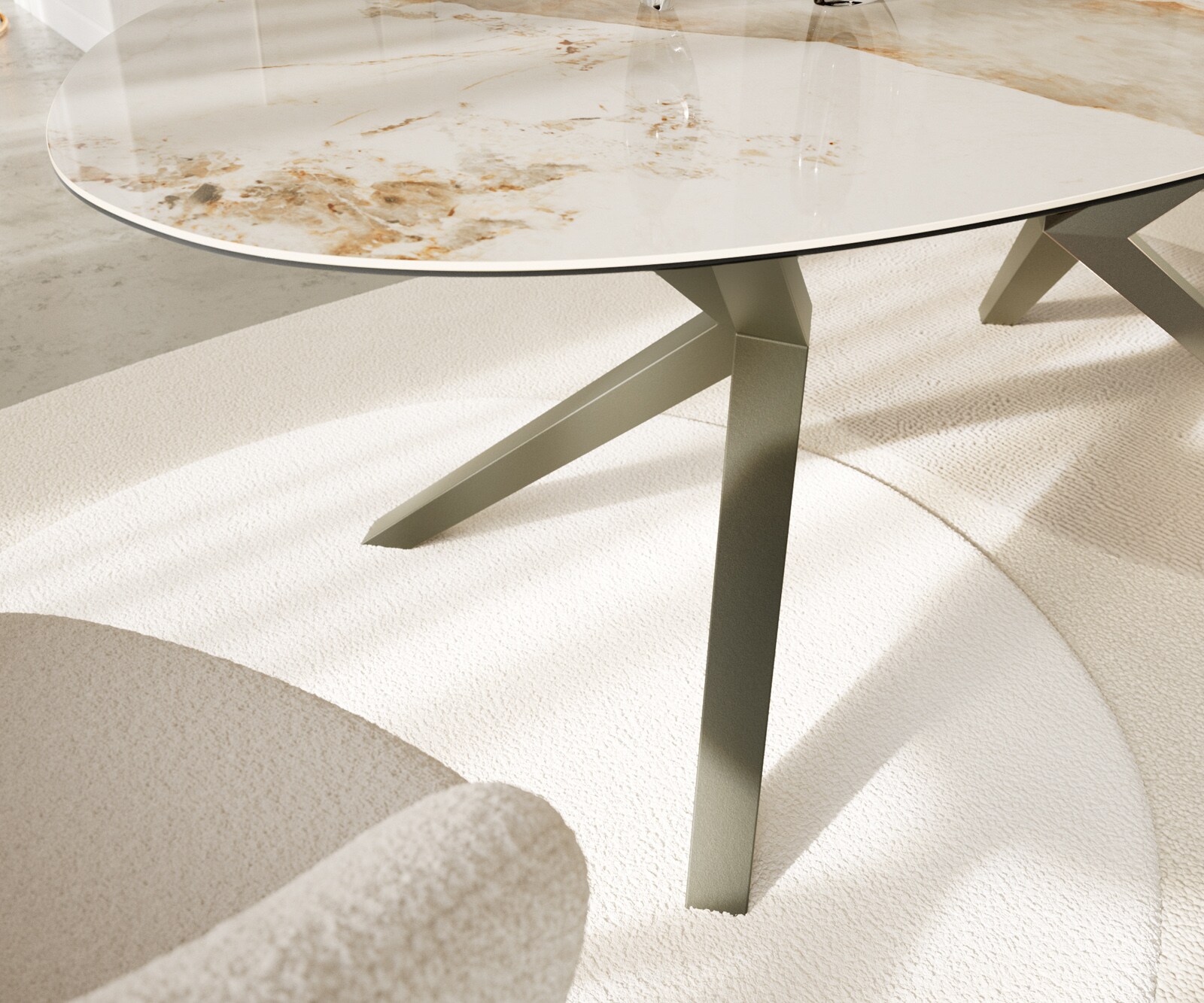 Esstisch Edge Oval 220x120 Keramik Minas Melange Weiß-Beige Zenthara kantig Metall Effektfinish Titan 5