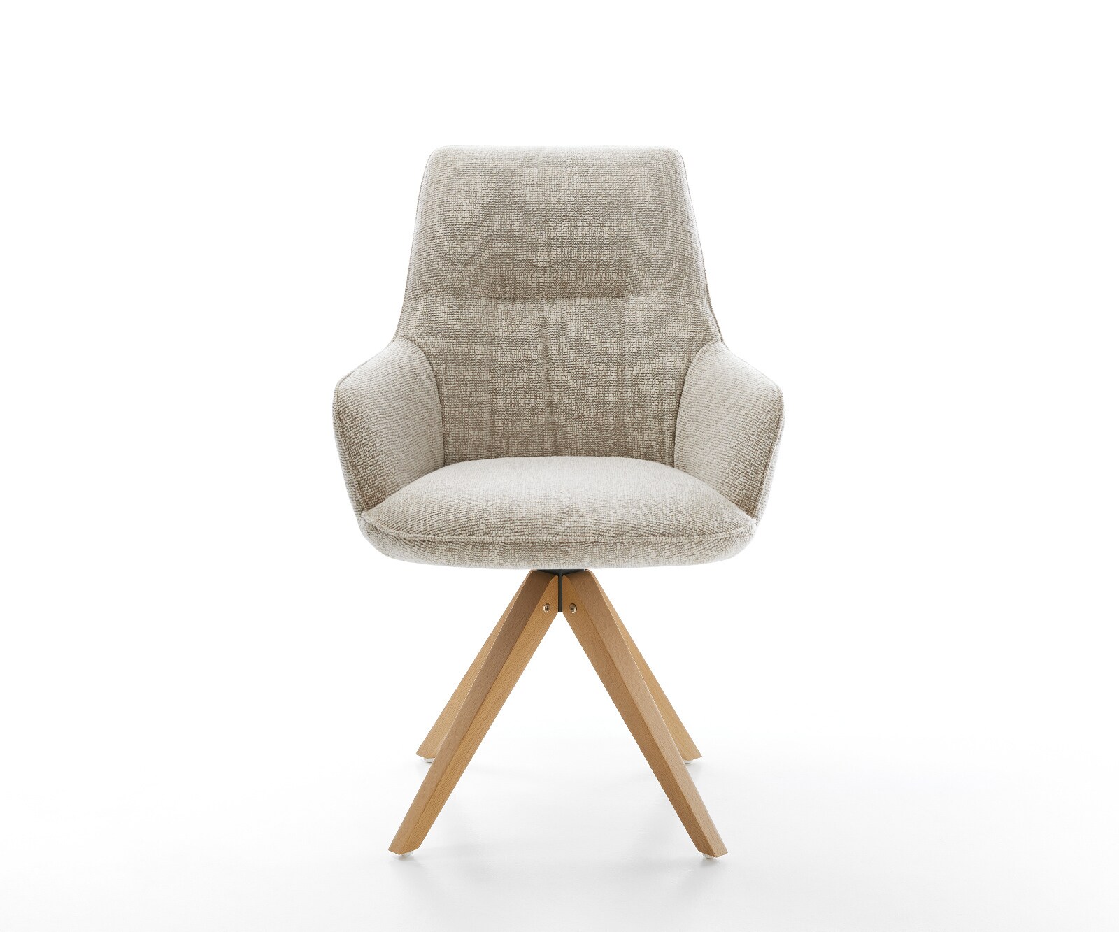 Chaise-pivotante Zelia-Flex avec accoudoirs tissu tissé doux beige pied en bois angulaire naturel pivotement sur 180° resorts ensachés 1