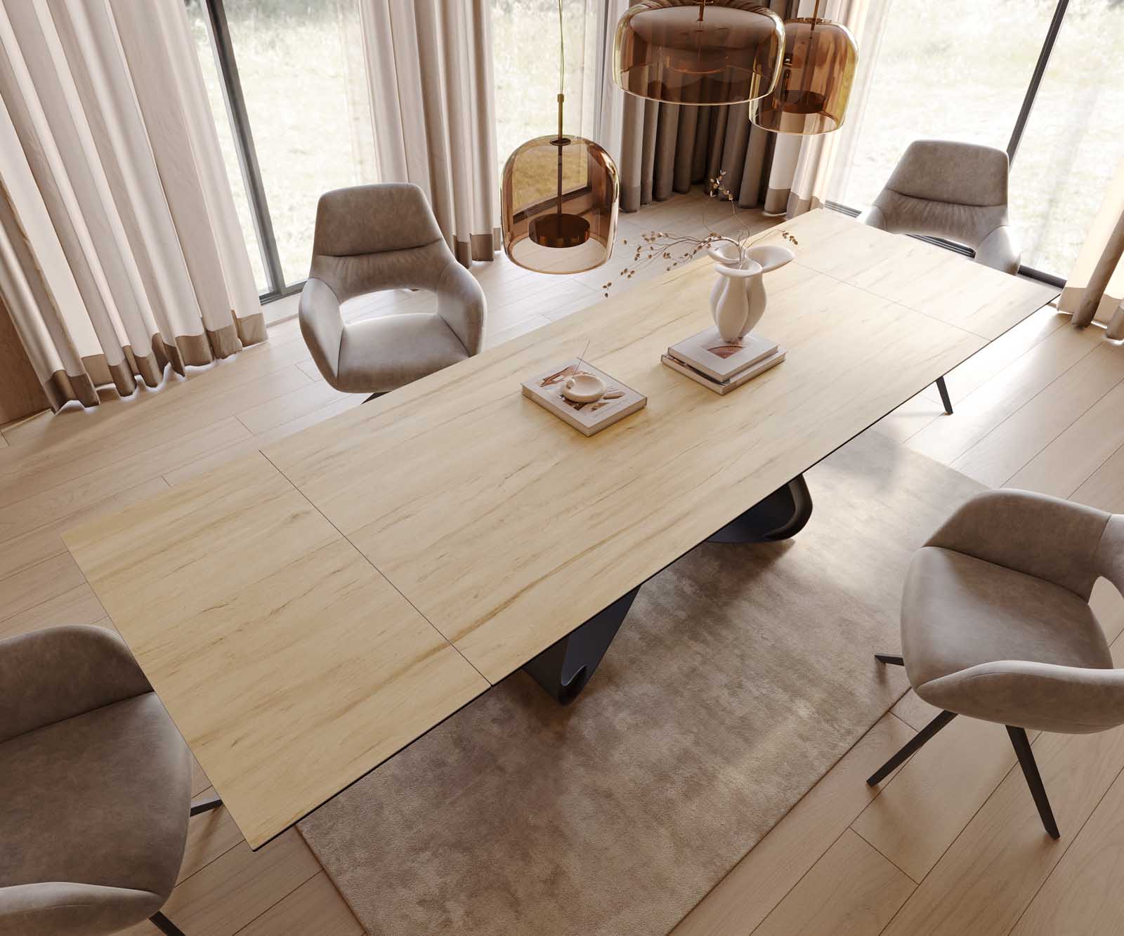 Table à manger Edge 200-300x100 céramique Laminam® Sabbia couleur chêne cadre en W noir extensible 4