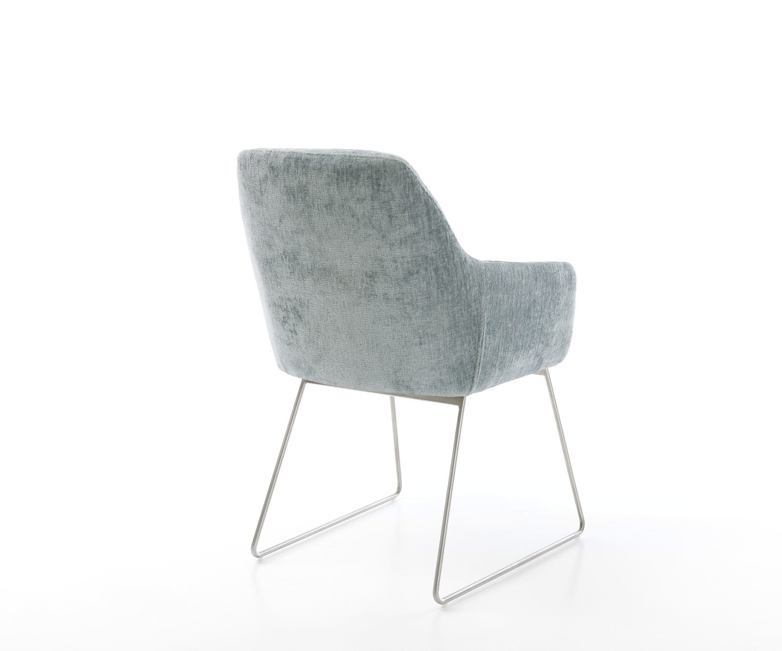 Chaise-de-salle-à-manger Pejo-Flex chenille bleu pastel pied trapèze acier inoxydable brossé ressorts ensachés 5