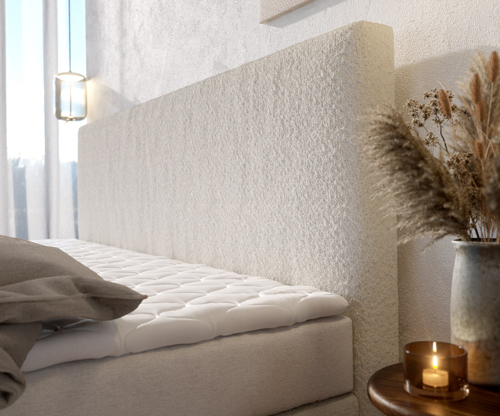 Lit-à-sommier-tapissier Dream-Well Bouclé Crème-Blanc 200x200 cm Matelas Bonell Surmatelas  PU 4