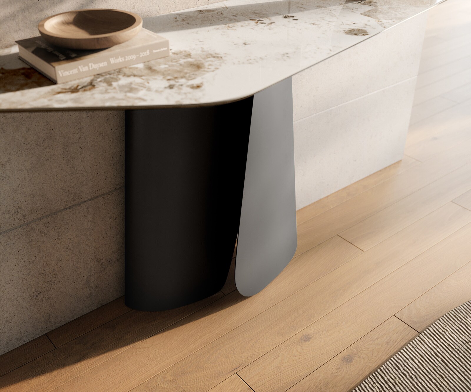 Console Edge Polygonal 140x50 cm Céramique Minas Melange Weiß-Beige Livos Métal Noir 6