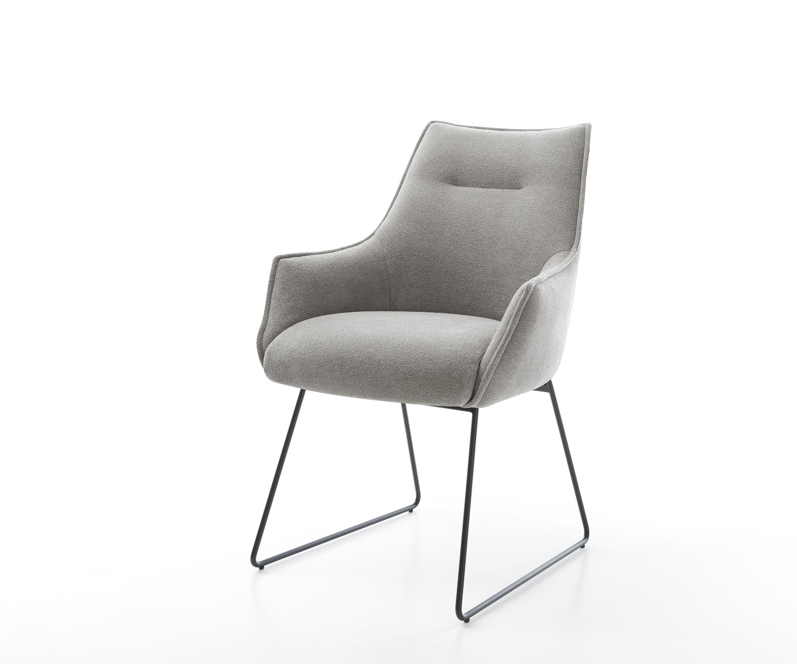 Chaise-de-salle-à-manger Alja-Flex avec accoudoirs tissu structuré doux gris pied trapèze noir resorts ensachés 1