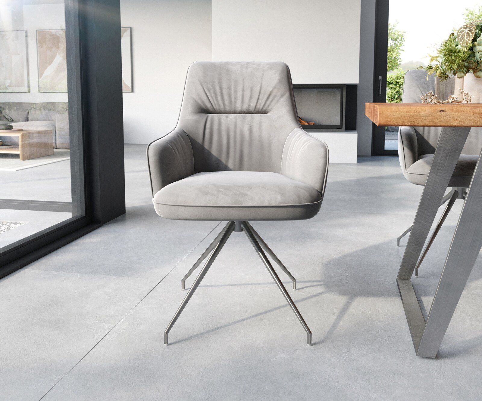 Esszimmerstuhl Zelia-Flex mit Armlehnen Samt Grau Kreuzgestell konisch Edelstahl Taschenfederkern 1 Esszimmerstuhl Zelia-Flex mit Armlehnen Samt Grau Kreuzgestell konisch Edelstahl Taschenfederkern 1