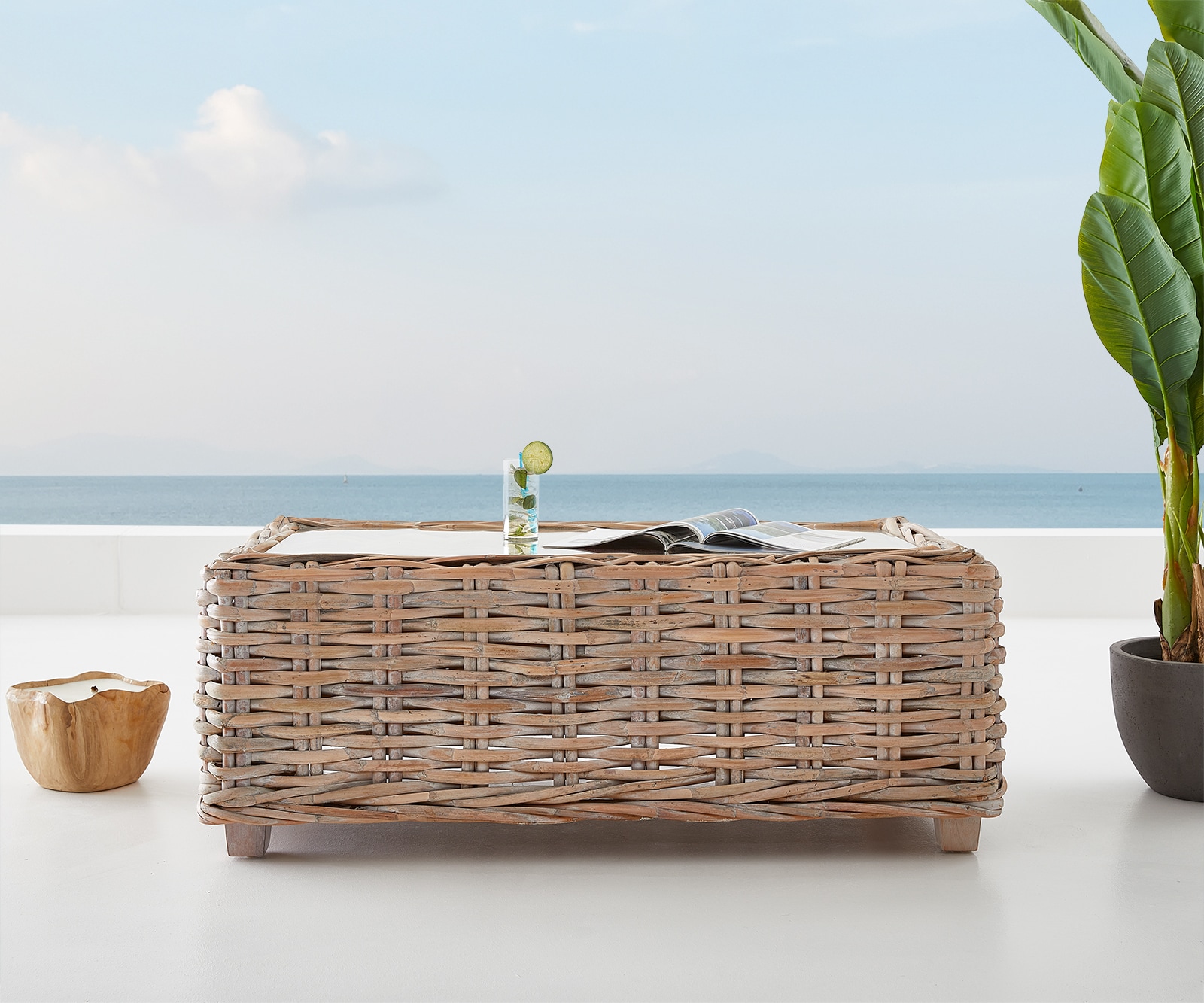 Loungetisch Nizza 133x73 cm Rattan white washed Glasplatte 1 Loungetisch Nizza 133x73 cm Rattan white washed Glasplatte 1