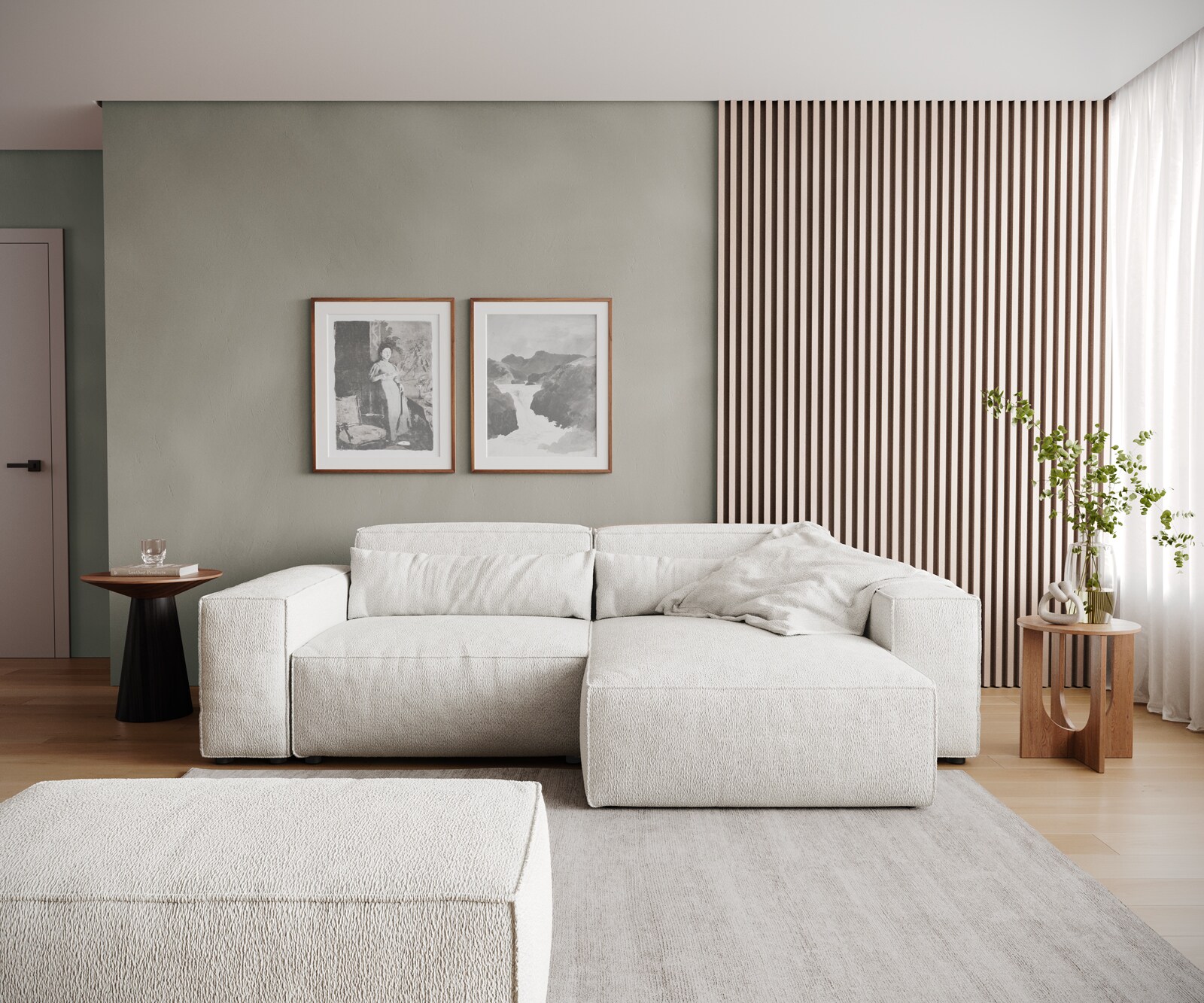 Ecksofa Sirpio 230x155 cm Bouclé Creme-Weiß Recamiere variabel mit Hocker 1