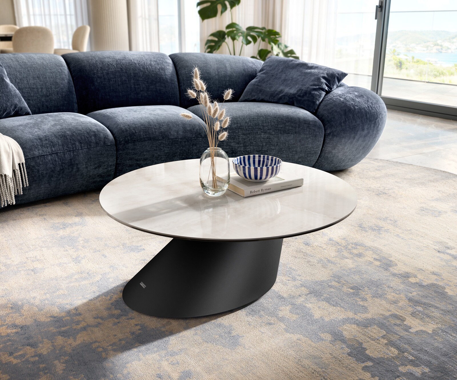 Table basse Edge ronde 90x90 cm céramique Onyx Champagne Conis métal noir