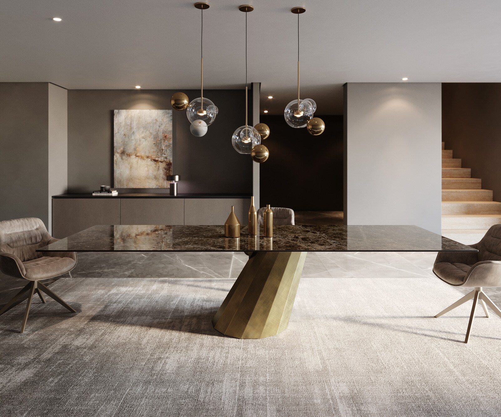 Table à manger Edge 300x100 céramique Laminam® Emperador Extra Lucidato marron foncé parabole métallique doré 1