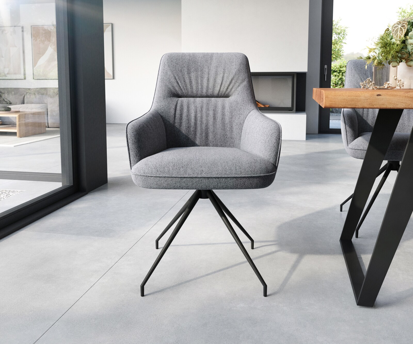 Esszimmerstuhl Zelia-Flex mit Armlehnen Strukturstoff Hellgrau Kreuzgestell konisch Schwarz Taschenfederkern 1 Esszimmerstuhl Zelia-Flex mit Armlehnen Strukturstoff Hellgrau Kreuzgestell konisch Schwarz Taschenfederkern 1