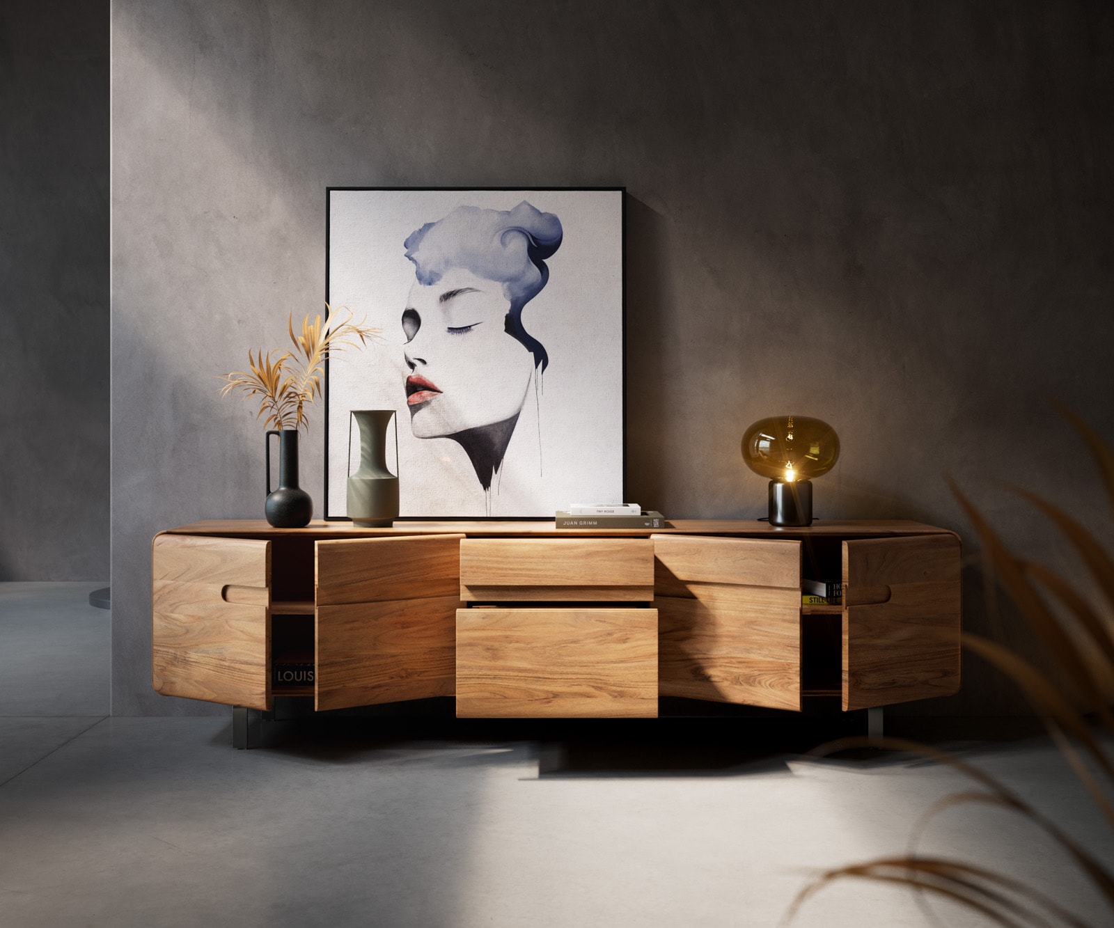 Lowboard Anaya 220 cm Akazie Natur 4 Türen 2 Schubladen L-Fuß Edelstahl 4 Lowboard Anaya 220 cm Akazie Natur 4 Türen 2 Schubladen L-Fuß Edelstahl 4