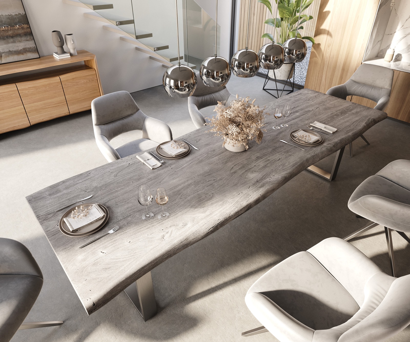 Esstisch Edge 300x100 XL Akazie Platin Edelstahl Schmal Live-Edge 4 Esstisch Edge 300x100 XL Akazie Platin Edelstahl Schmal Live-Edge 4