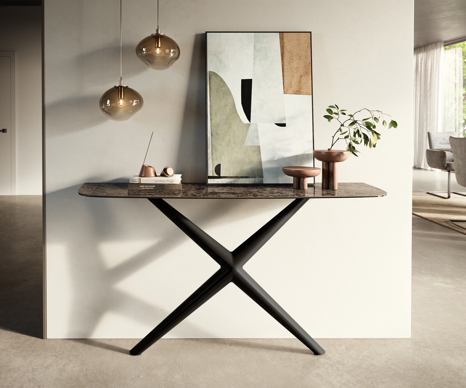 Console Edge forme bateau 140x40 cm Céramique Emperador Extra Lucidato Dunkelbraun Estelo Métal Noir 1