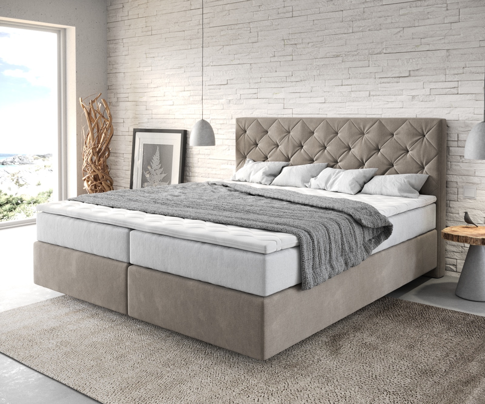 Boxspringbett Dream-Great 180x200 cm Mikrofaser Beige mit TFK Matratze und Visco Topper Boxspringbett Dream-Great 180x200 cm Mikrofaser Beige mit TFK Matratze und Visco Topper