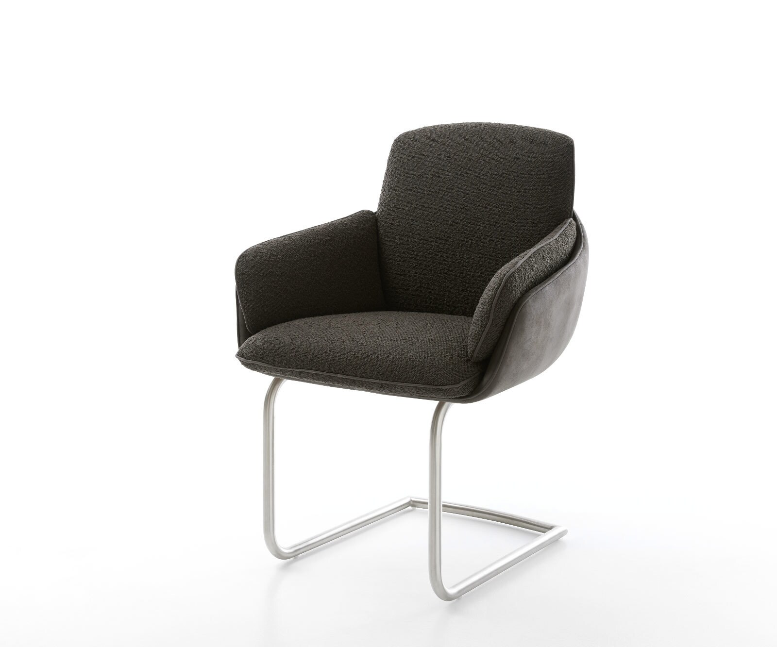 Chaise-de-salle-à-manger Luan-Flex avec accoudoirs tissu mixte couleur boue pied trapèze acier inoxydable