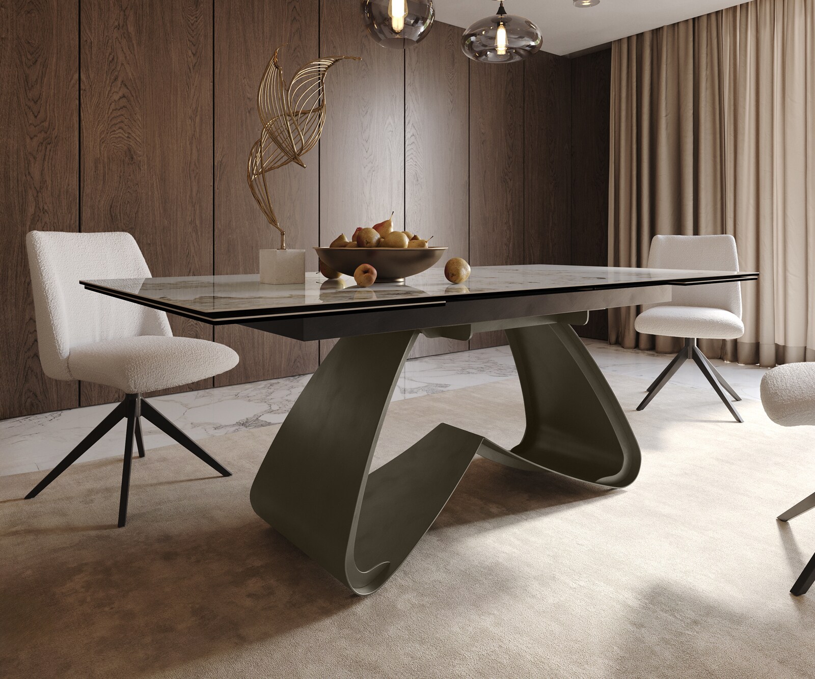 Esstisch Edge 200-300x100 Keramik Minas Melange Weiß-Beige W-Gestell Effektfinish Titan Ausziehbar 6