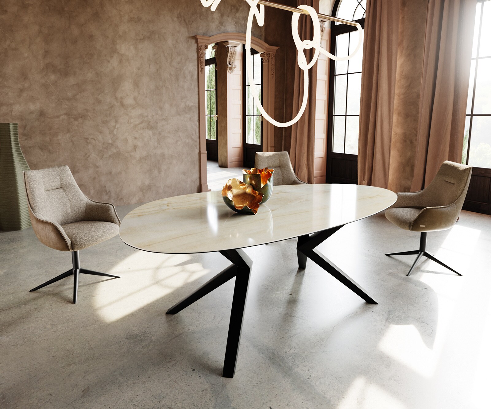 Table à manger Edge Ovale 220x120 Céramique Iris FMG Onice Oro Zenthara anguleux Métal Noir 1