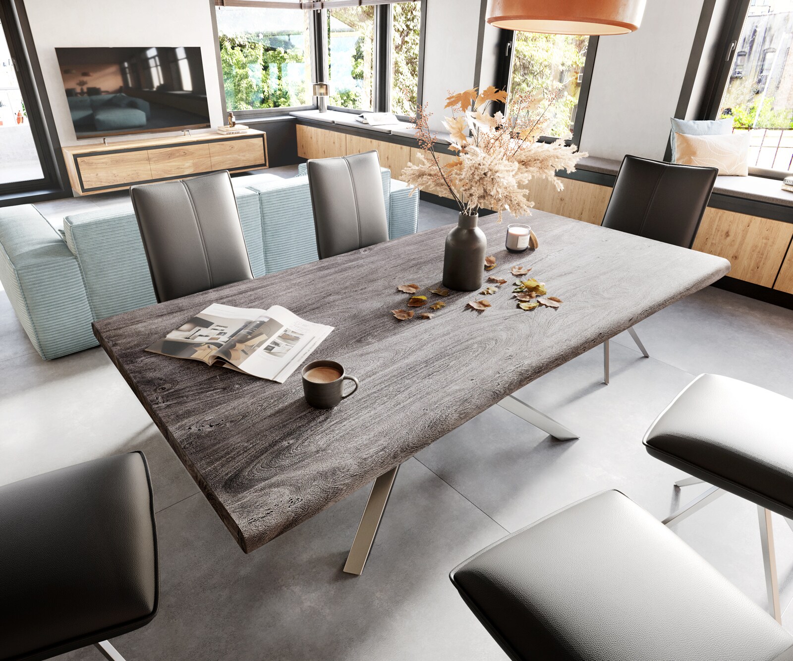 Table Edge 200x100 XL acacia platine cadre croisé rectangle inox Live-Edge 3