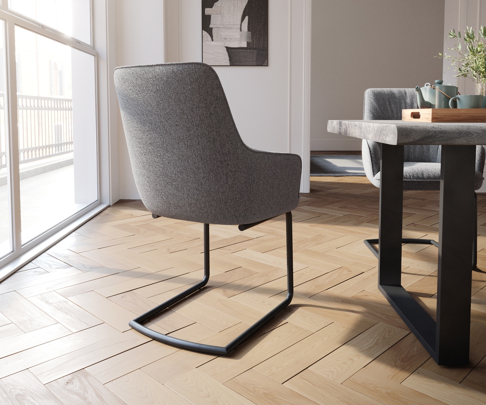 Cantilever Zelia-Flex avec accoudoirs tissu texturé gris clair pied cantilever rond noir ressorts ensachés 5 Cantilever Zelia-Flex avec accoudoirs tissu texturé gris clair pied cantilever rond noir ressorts ensachés 5