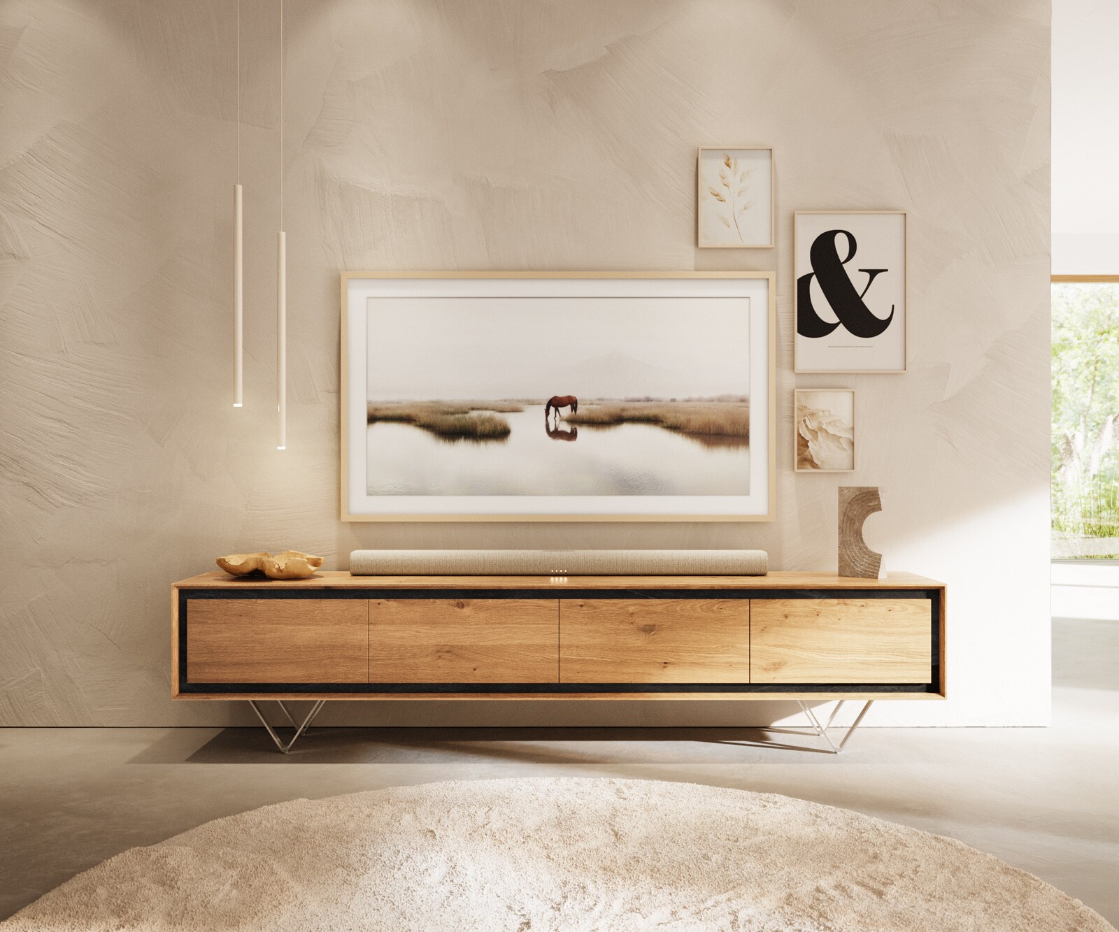 Meuble-TV Stonegrace 200 cm chêne naturel 4 portes placage pierre pied en V inoxydable 1