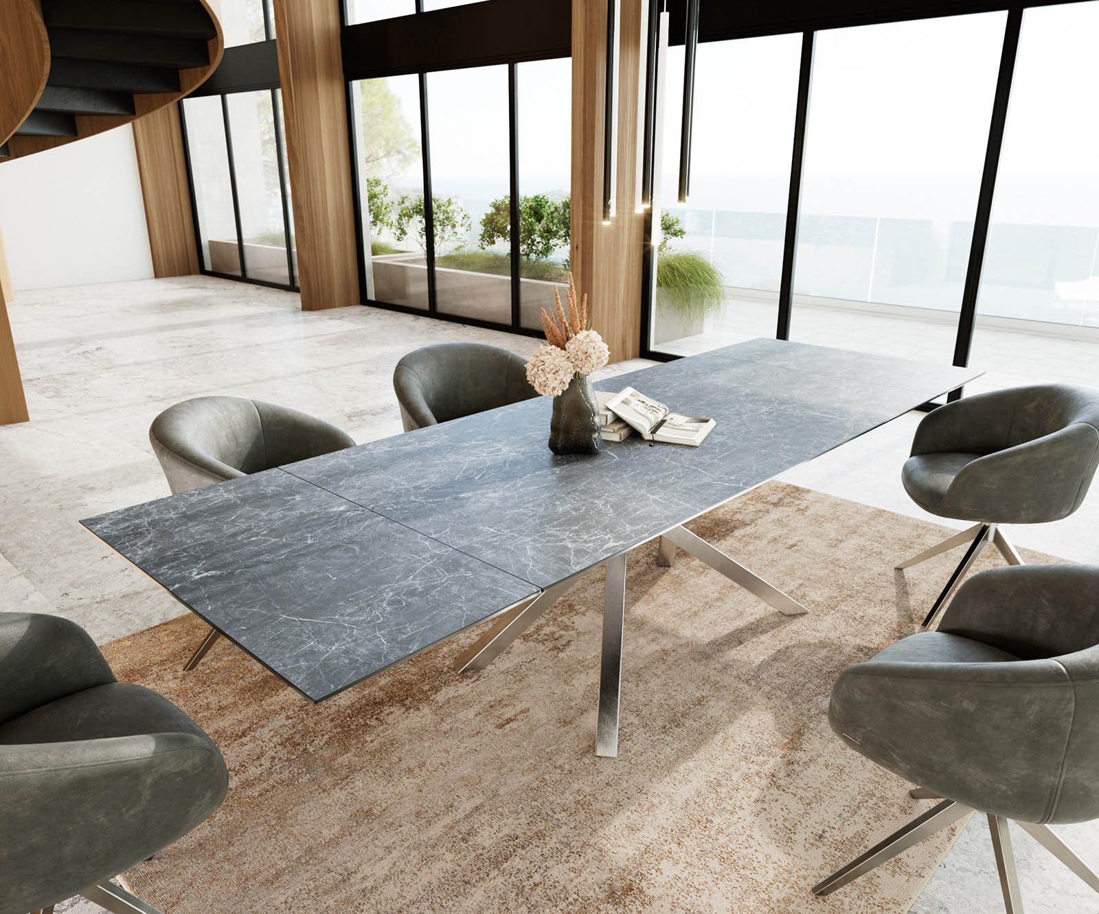 Table à manger Edge 200-300x100 céramique Laminam®Nero Greco gris cadre croisé rectangulaire acier inoxydable extensible 1
