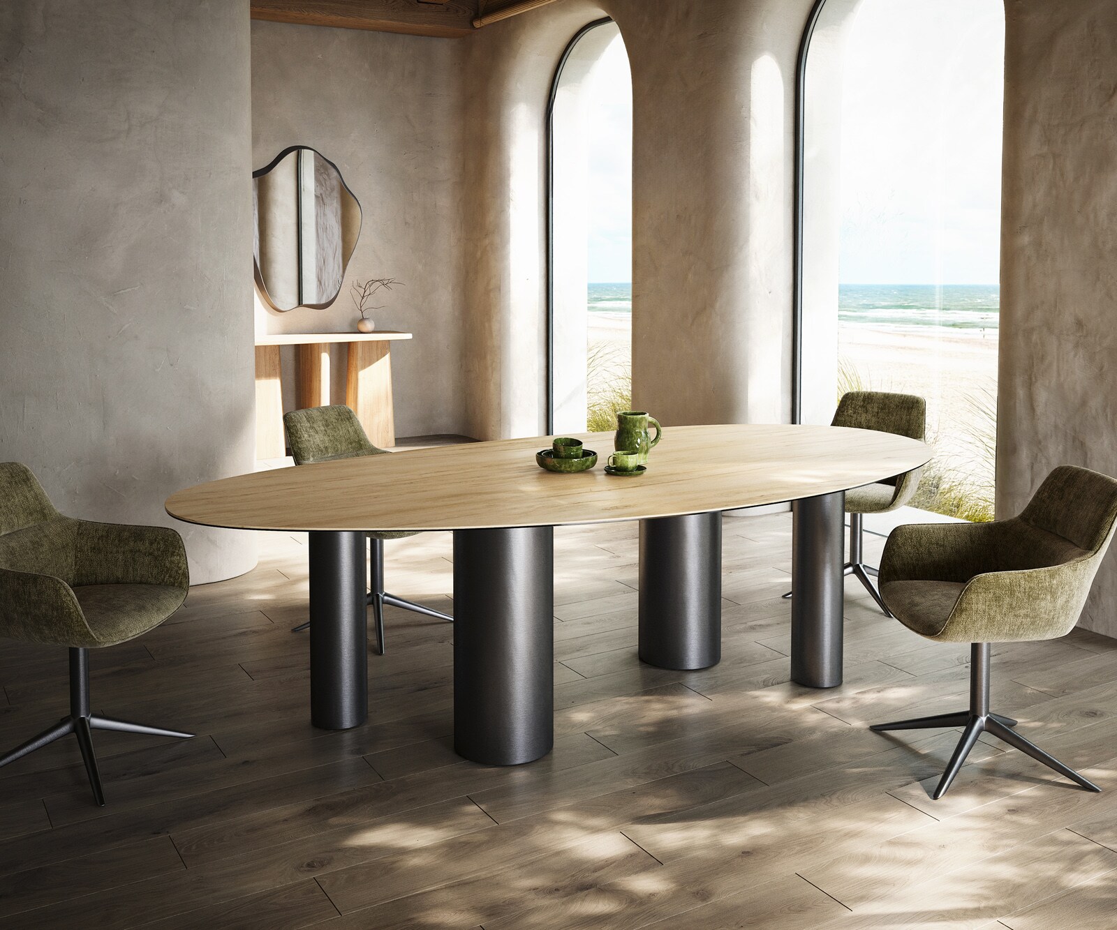Esstisch Edge Oval 280x130 Keramik Laminam® Sabbia Eichefarbig Pilier Edelstahl Graphit 1