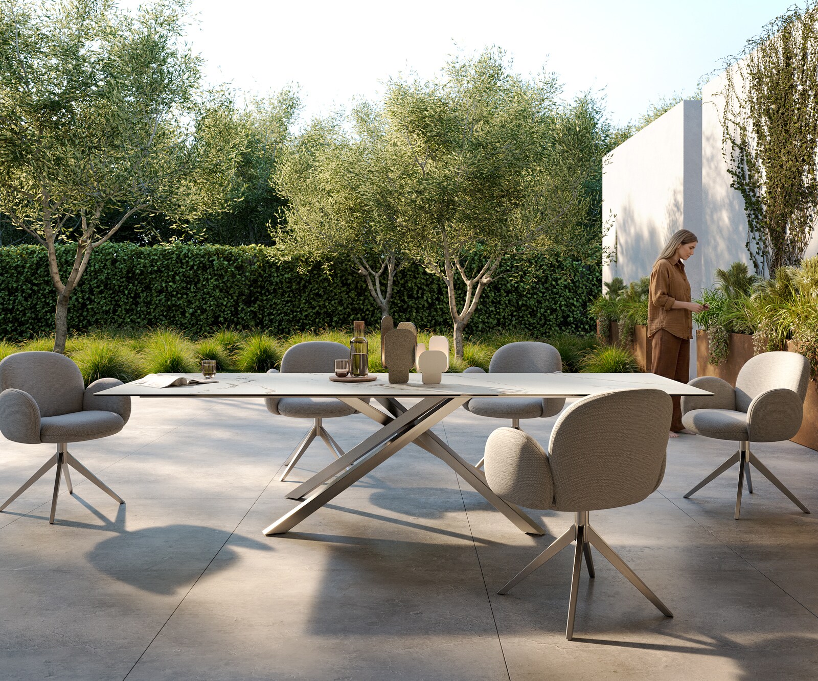 Table d’extérieur Edge 300x100 cm céramique Calacatta Luxe blanc-or-gris piètement croisé rectangulaire en acier inoxydable 1