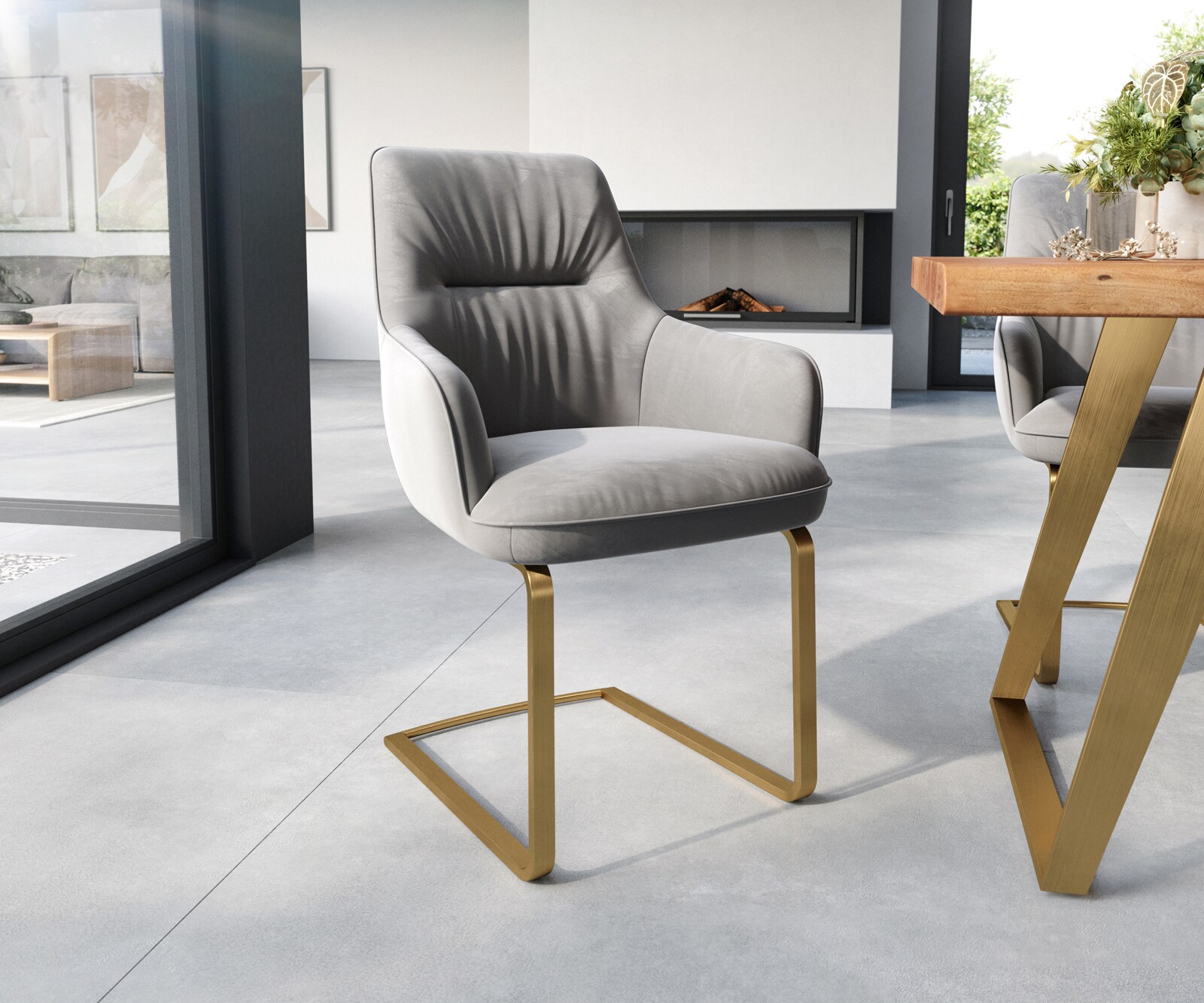 Schwingstuhl Zelia-Flex mit Armlehnen Samt Grau Freischwinger flach Gold  Taschenfederkern