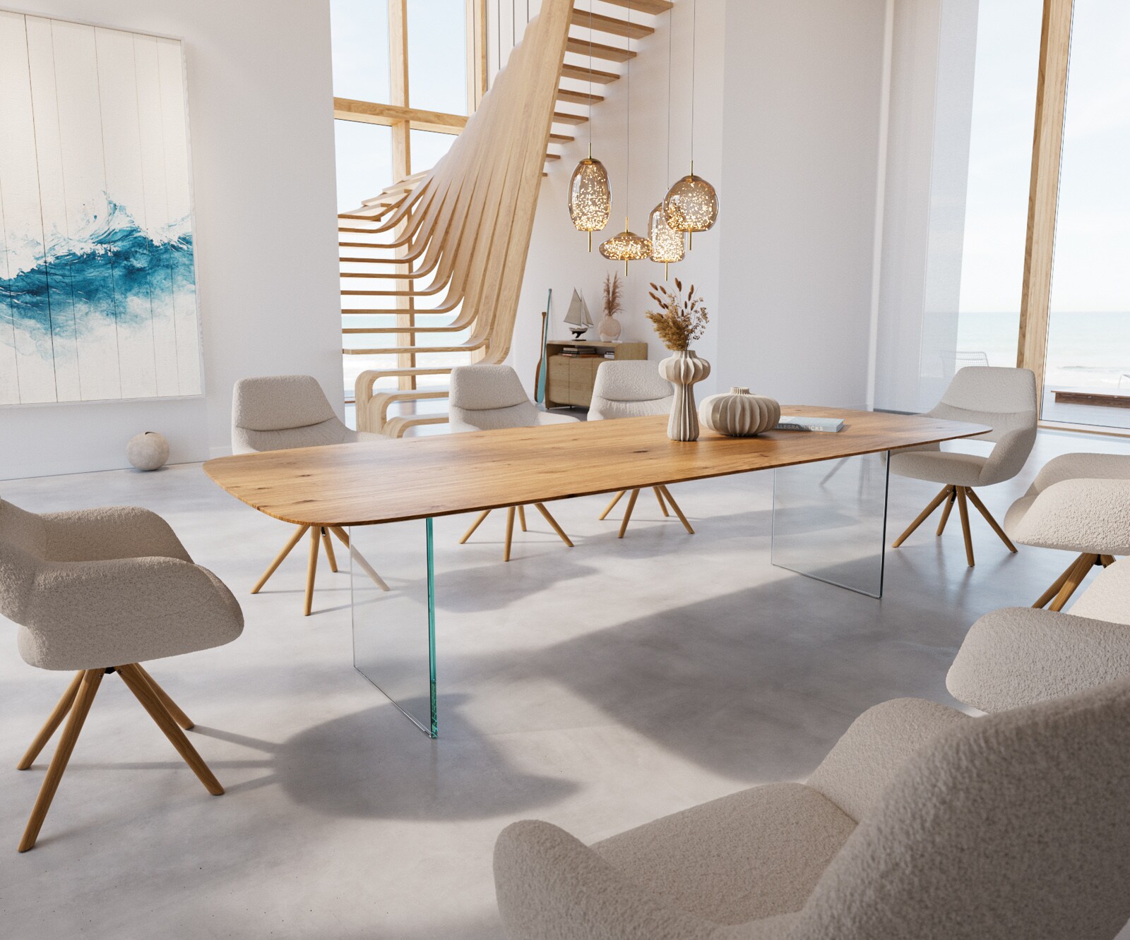 Esstisch Edge Boot 300x120x2,5-3 Eiche Natur Glas Schweizer Kante 1