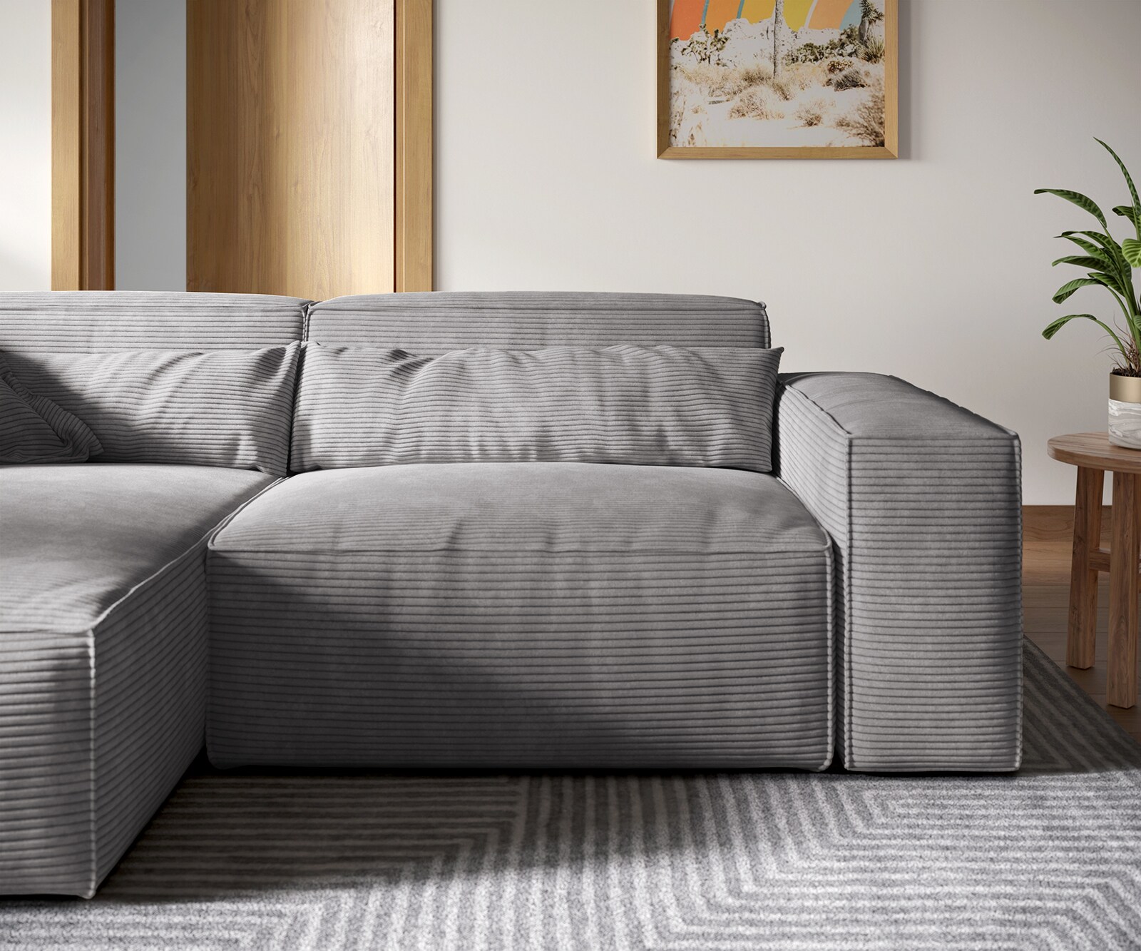 Ecksofa Sirpio XL 270x170 cm Cord Silbergrau Recamiere variabel mit Hocker 4