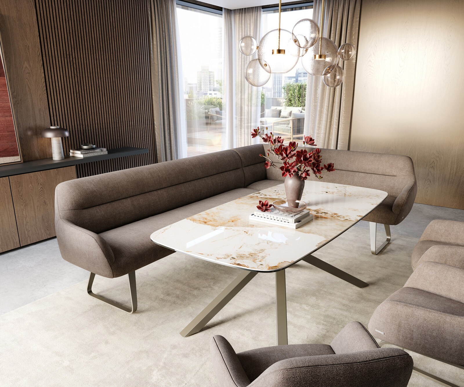 Esszimmerbank Taya-Flex 285x190 cm Strukturstoff Soft Taupe Kufengestell flach Effektfinish Titan Taschenfederkern Links