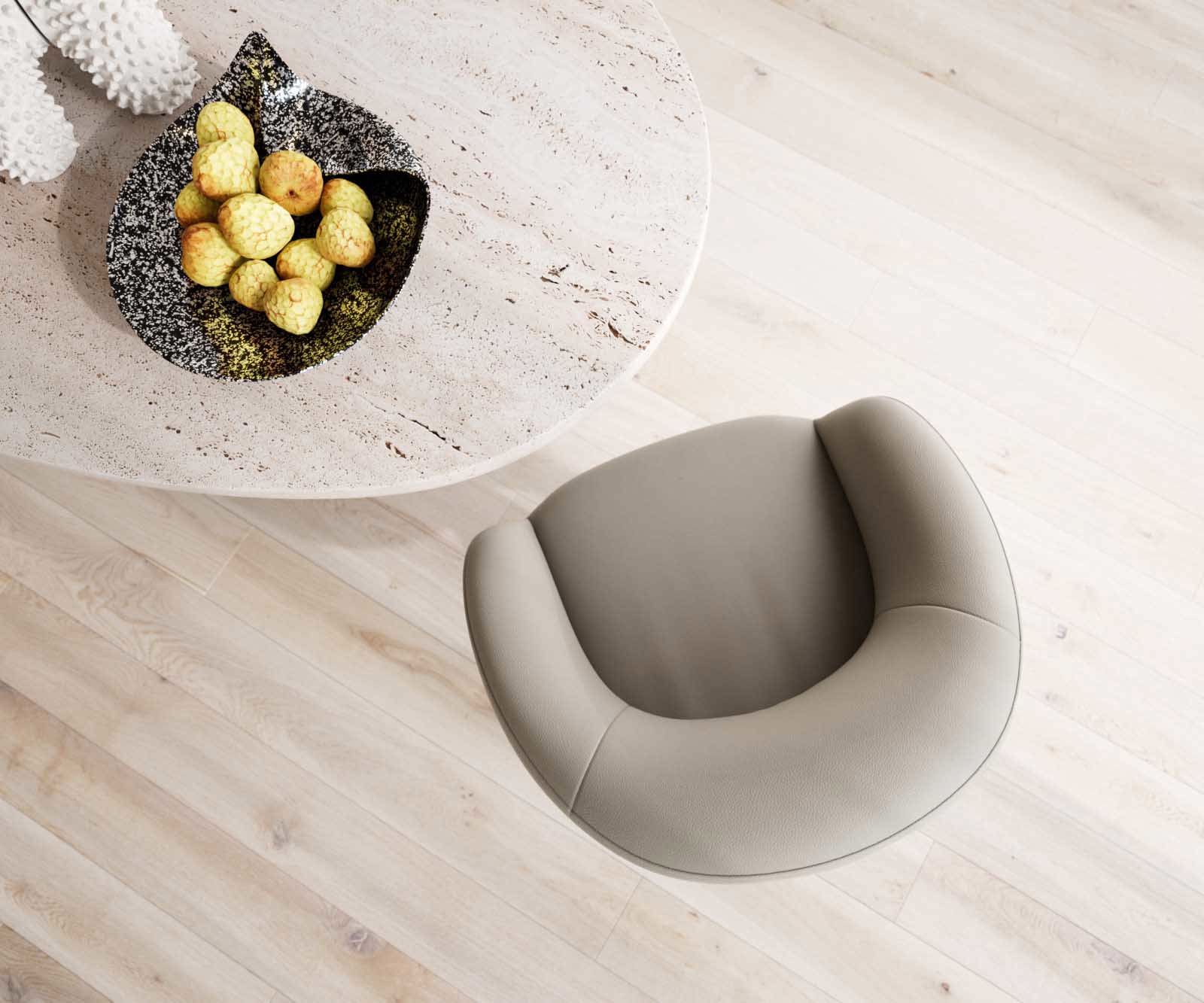 Chaise-pivotante Vinka-Flex avec accoudoirs cuir de vache couleur boue pied croisé large noir pivotement sur 360° ressorts ensachés 3