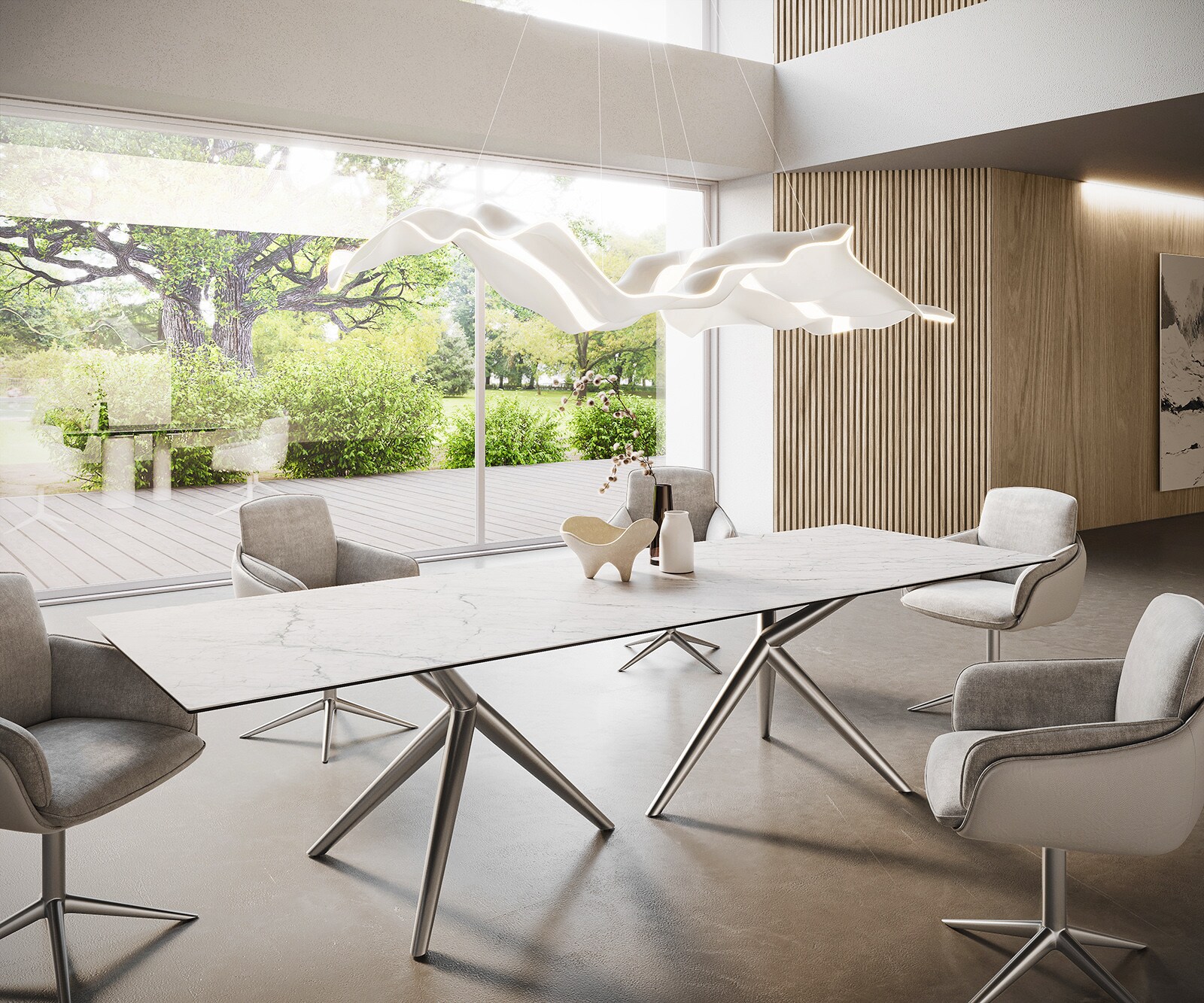 Esstisch Edge 300x100 Keramik Laminam®Statuarietto Weiß Estelar rund Edelstahl