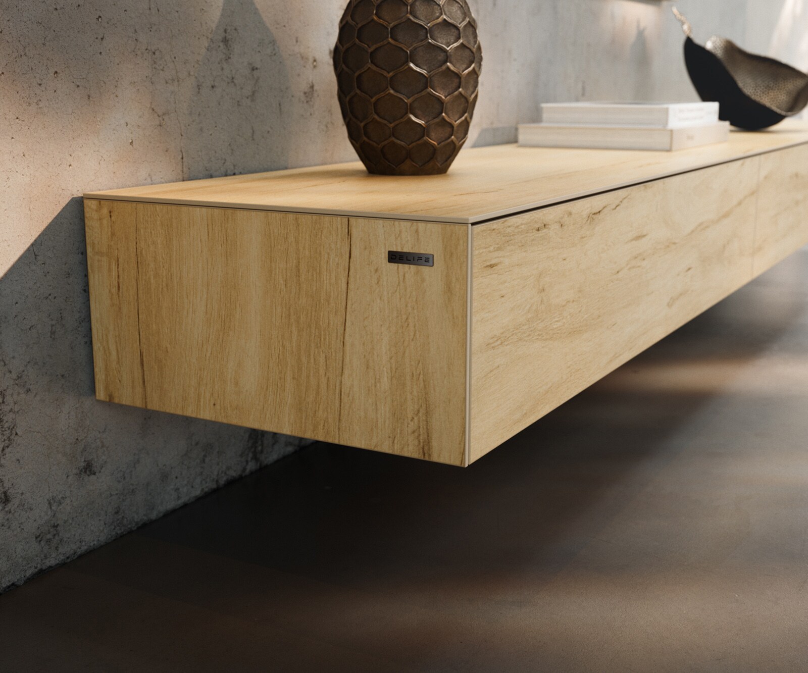 Meuble-TV Cuor 250 cm Céramique Laminam® Sabbia Teinte chêne 1 Clapet 1 Tiroir Pied optique flottant Ancier inoxydable 6