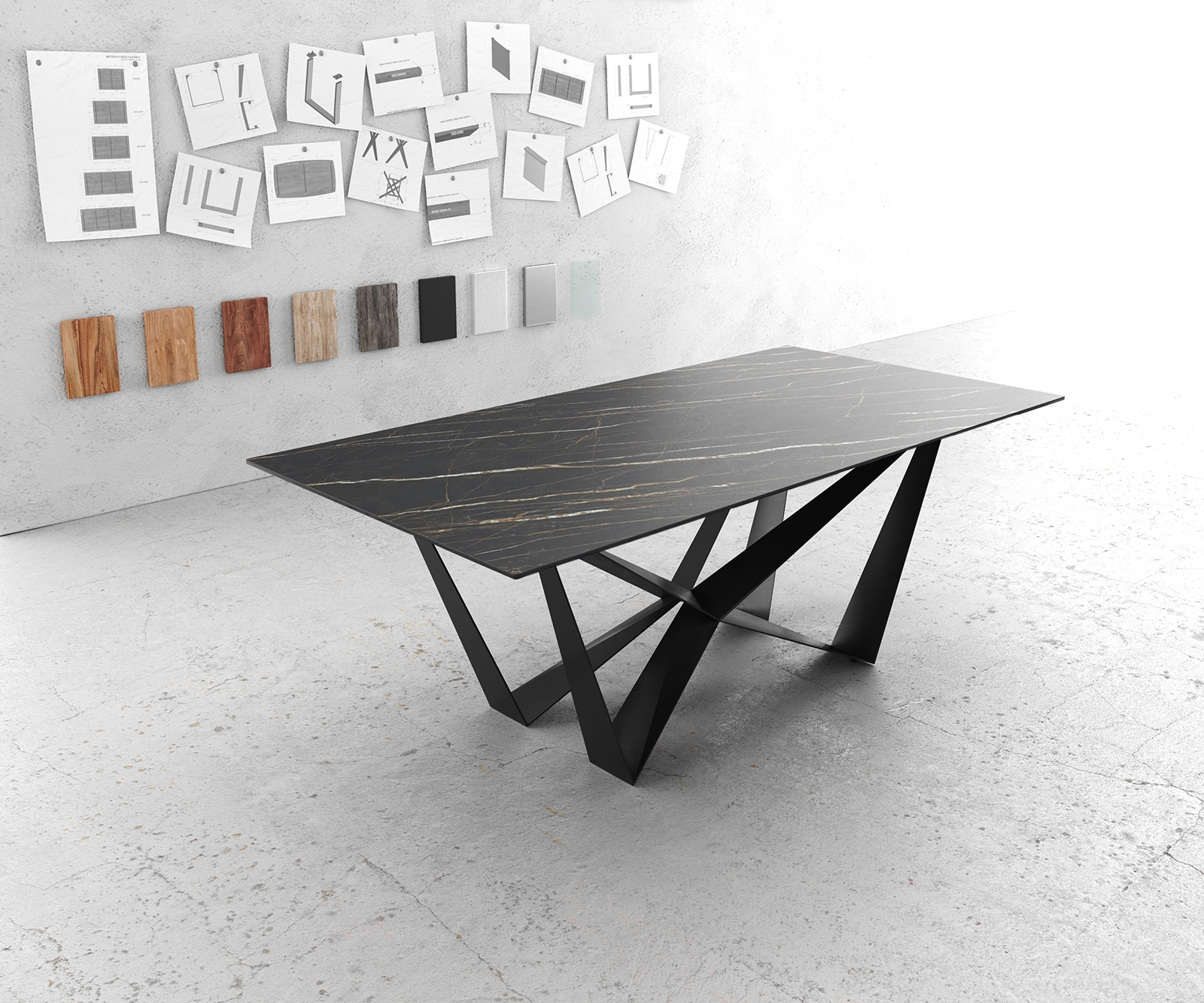 Table-à-manger Edge 200x100cm Laminam® céramique marron pieds milieu acier plat noir Table-à-manger Edge 200x100cm Laminam® céramique marron pieds milieu acier plat noir