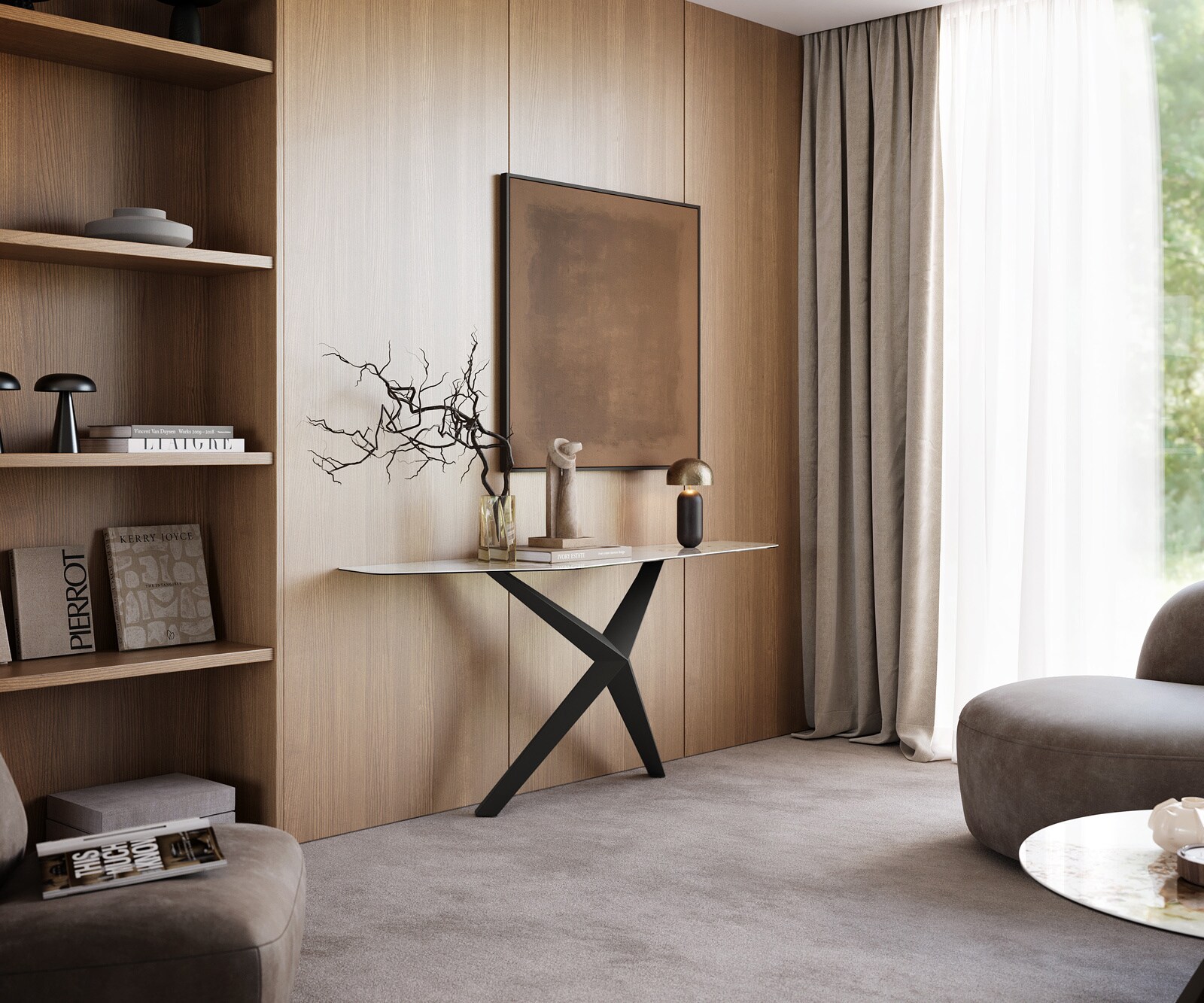 Console Edge Polygonal 180x50 cm Céramique Minas Melange Weiß-Beige Zentharo Métal Noir 7
