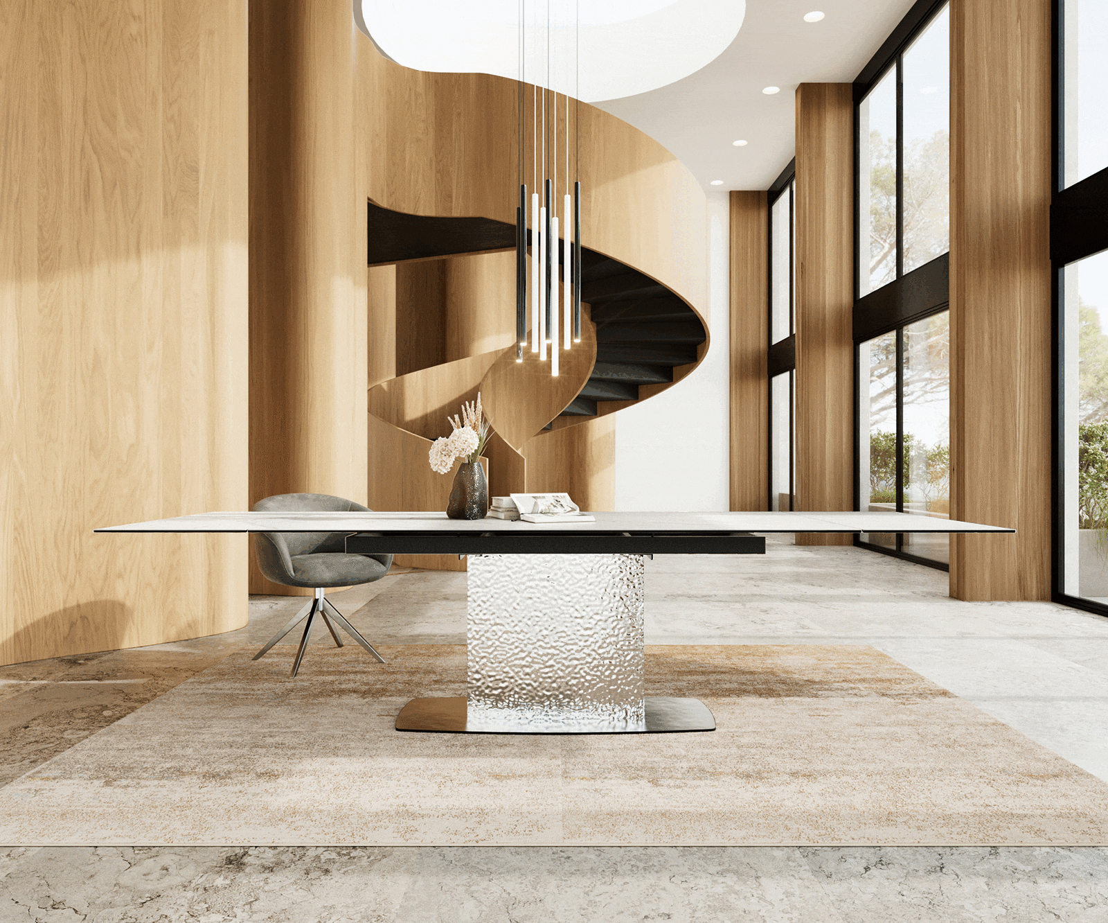 Esstisch Edge 200-300x100 Keramik Laminam®Statuarietto Weiß Wave Edelstahl ausziehbar 1 Esstisch Edge 200-300x100 Keramik Laminam®Statuarietto Weiß Wave Edelstahl ausziehbar 1