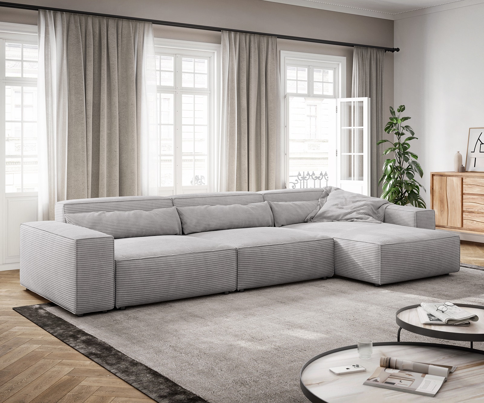 Ecksofa Sirpio XL 370x170 cm Cord Silbergrau Recamiere variabel Ecksofa Sirpio XL 370x170 cm Cord Silbergrau Recamiere variabel