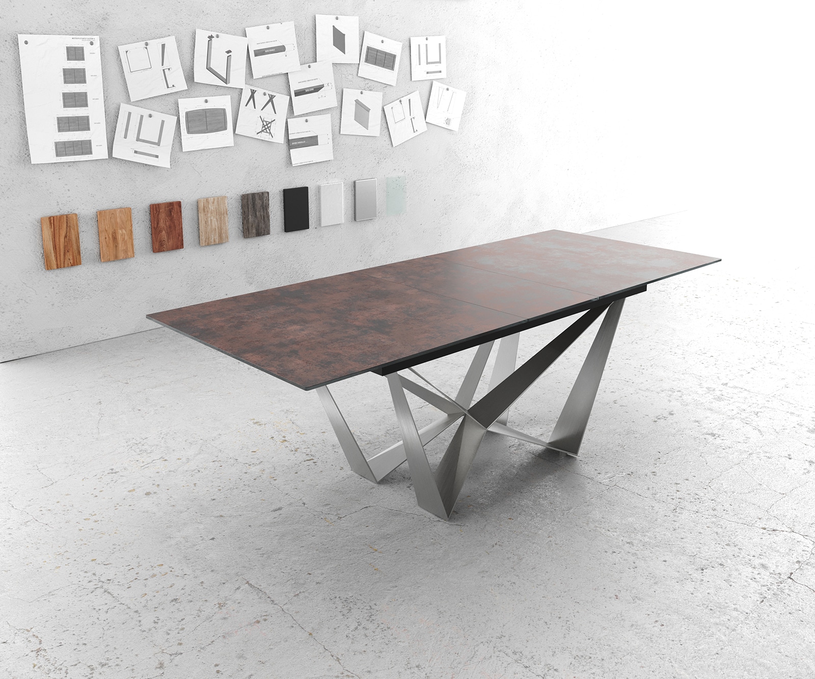 Table-à-manger Edge 180-220x90cm verre Antique-marron pieds milieu acier plat argent Table-à-manger Edge 180-220x90cm verre Antique-marron pieds milieu acier plat argent
