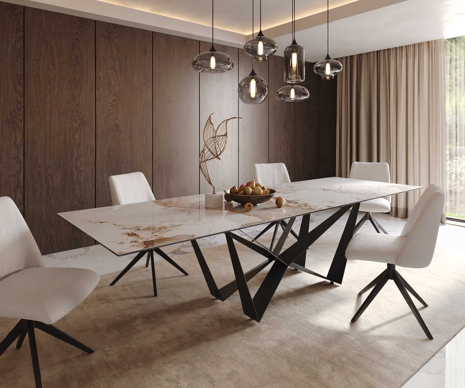 Esstisch Edge 300x100 Keramik Minas Melange Weiß-Beige Spider Flachstahl Schwarz